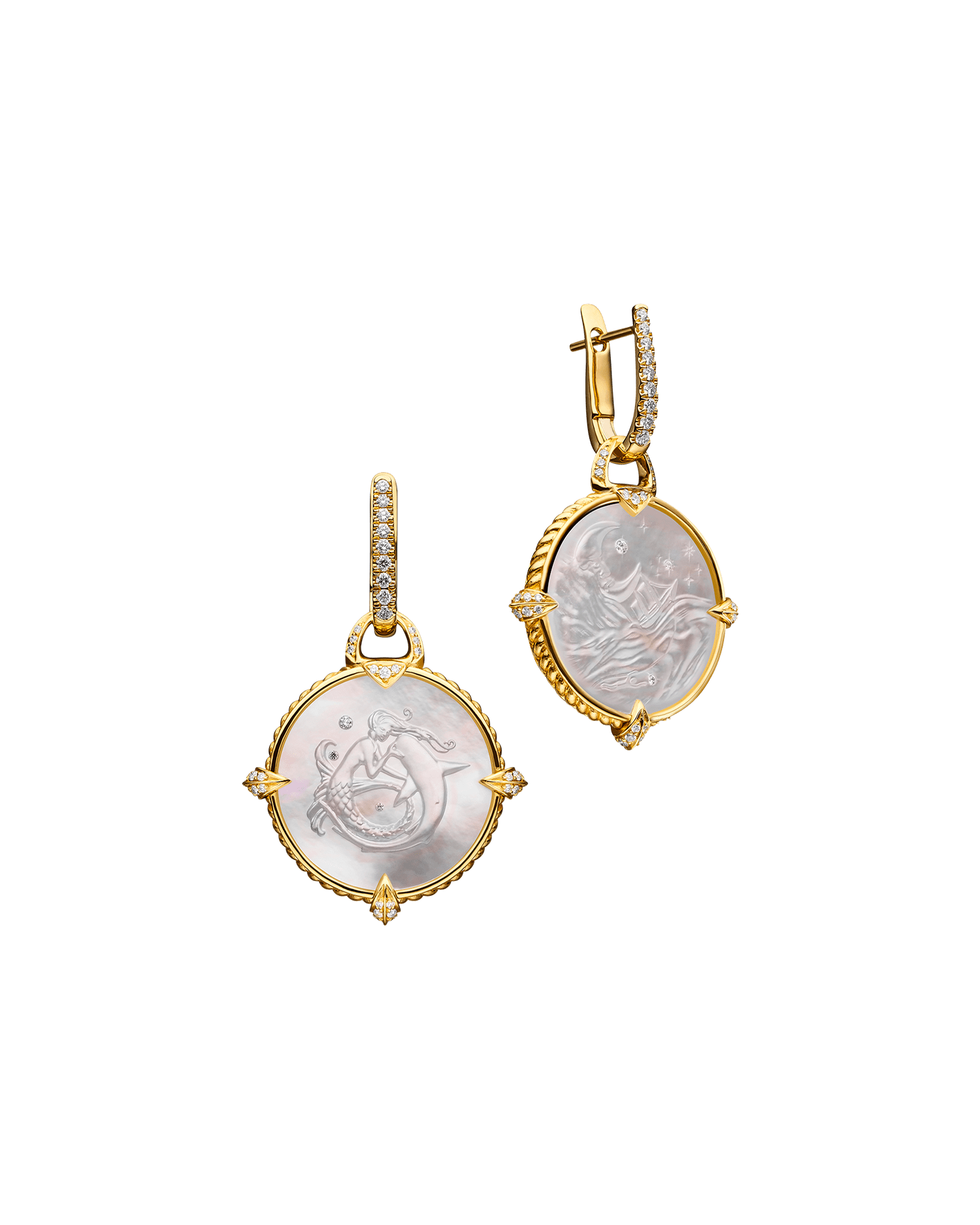 Coin Charm Diamond Earrings| Mother of Pearl, Diamonds, Yellow Gold 2