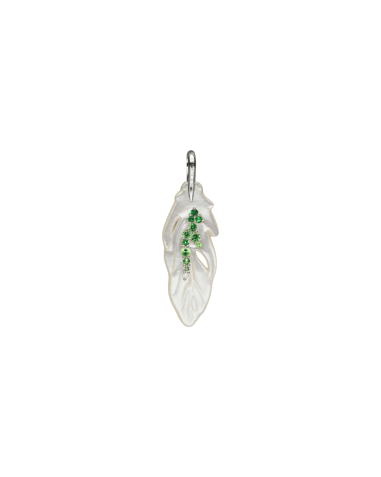 Single Feather Necklace | Mother of Pearl, Tsavorites, and White Gold 2