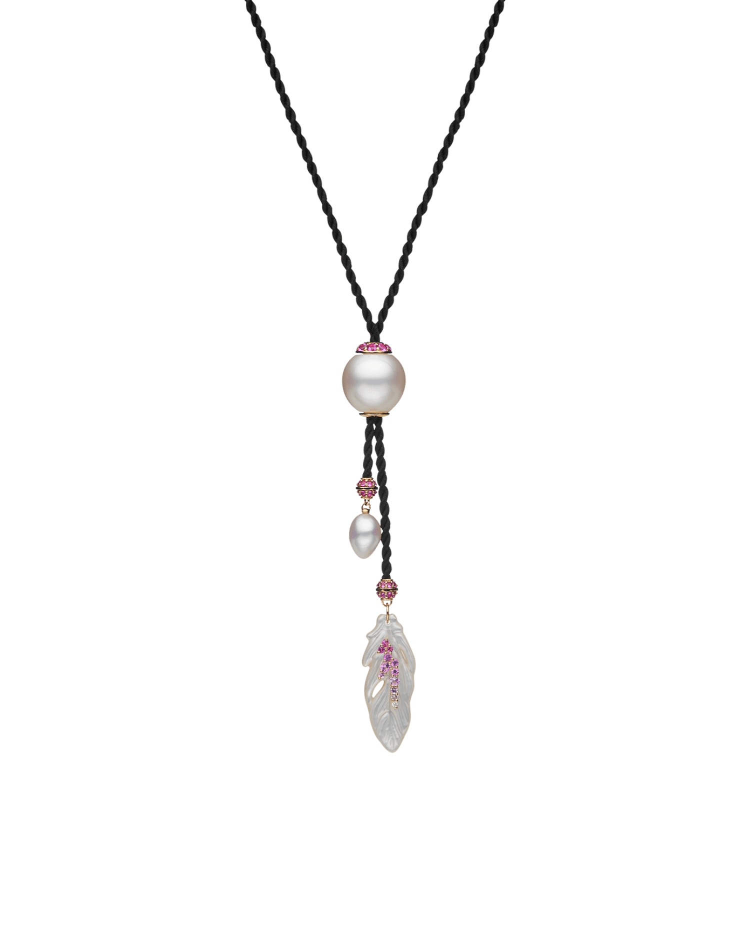 Pink Sapphire Feather Silk Pearl Necklace | 13mm Keshi Pearl, Mother of Pearl, and Yellow Gold 1