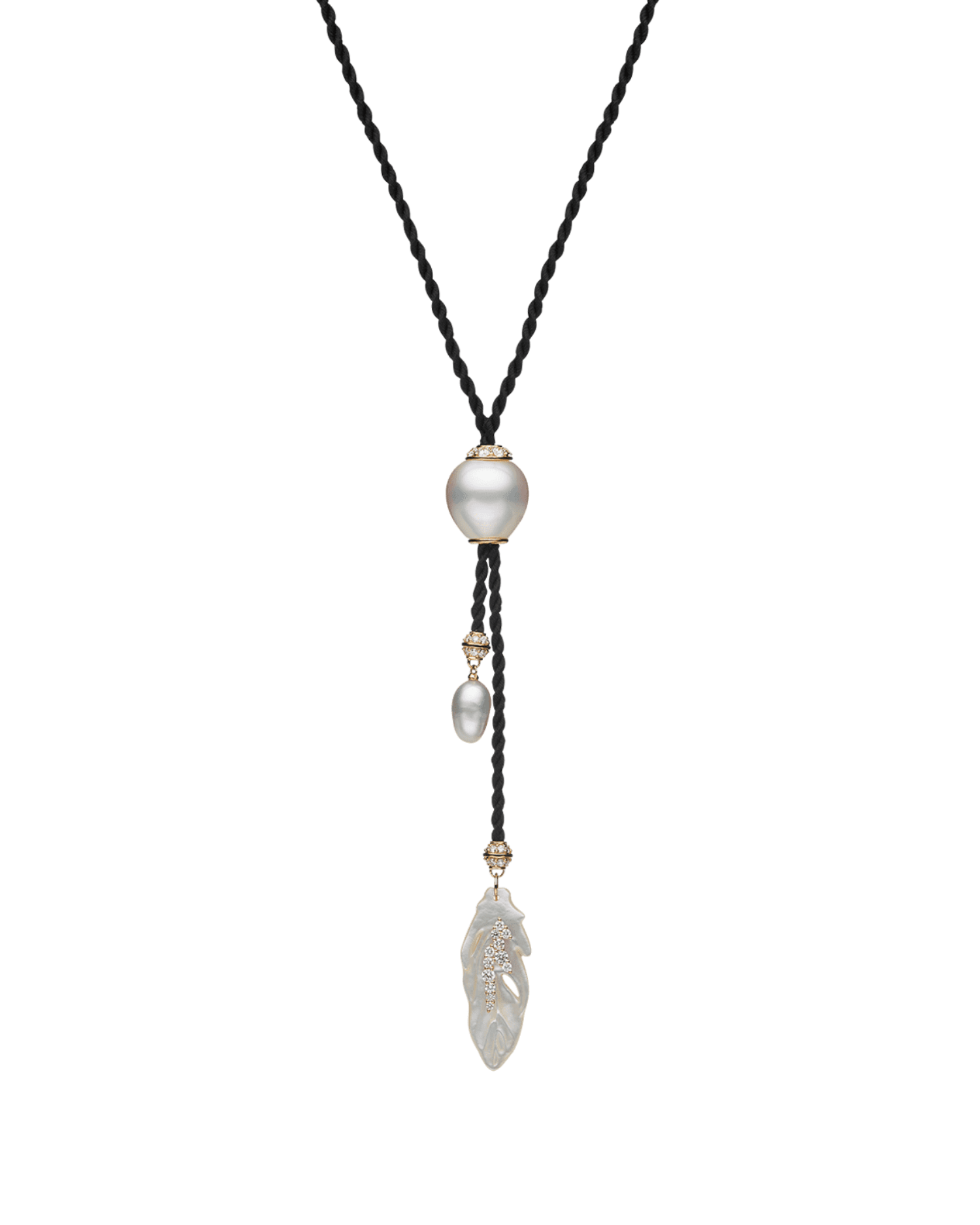 Diamond Feather Silk Pearl Necklace | 13mm Keshi Pearl, Mother of Pearl, and Yellow Gold 1