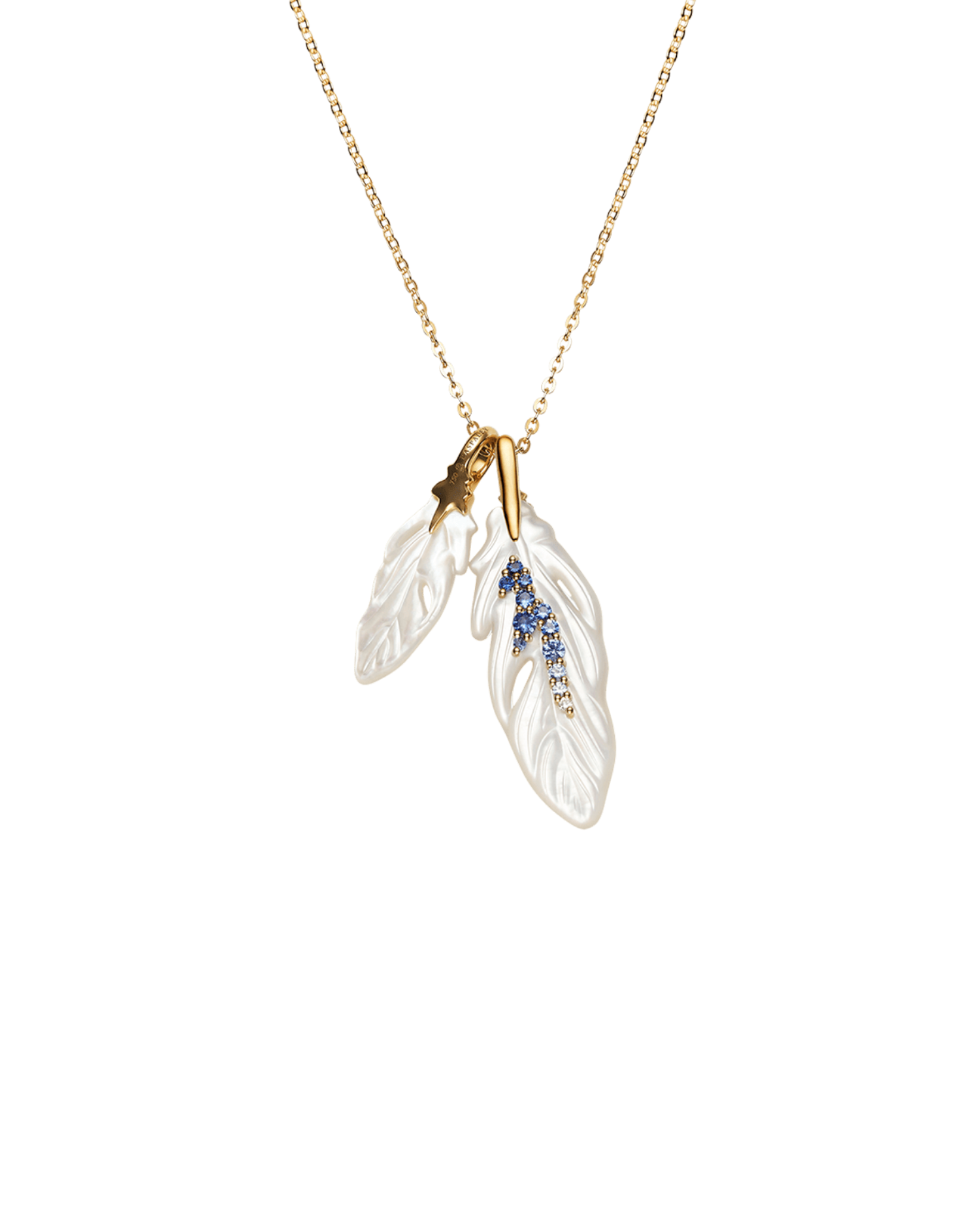 Double Feather Necklace | Mother of Pearl, Sapphires, and Yellow Gold 1