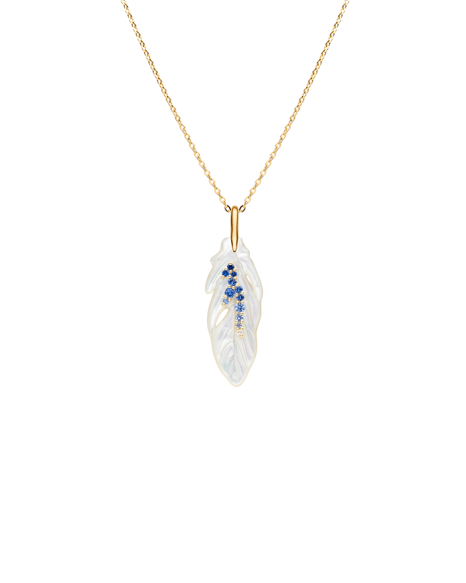 Single Feather Necklace | Mother of Pearl, Blue Sapphires, and Yellow Gold 1