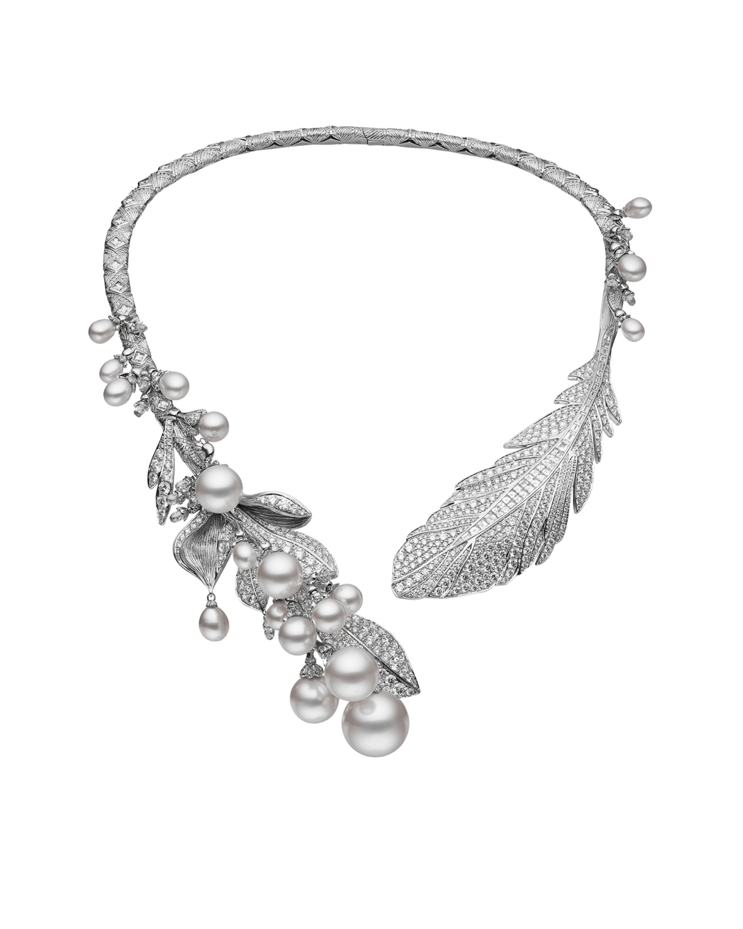 Night Bird Feather Pearl Collier | 5-16mm Pearls, Diamonds, and White Gold 1