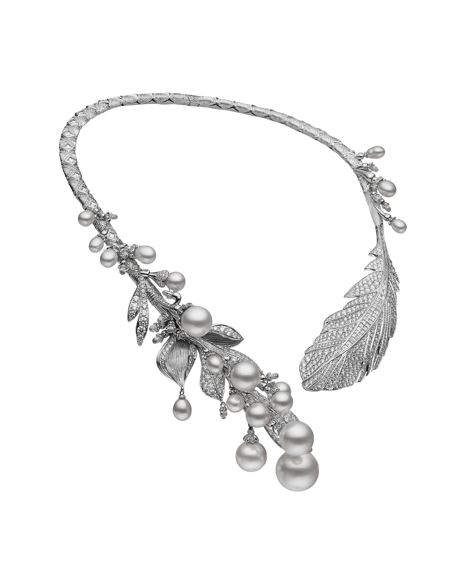 Night Bird Feather Pearl Collier | 5-16mm Pearls, Diamonds, and White Gold 3