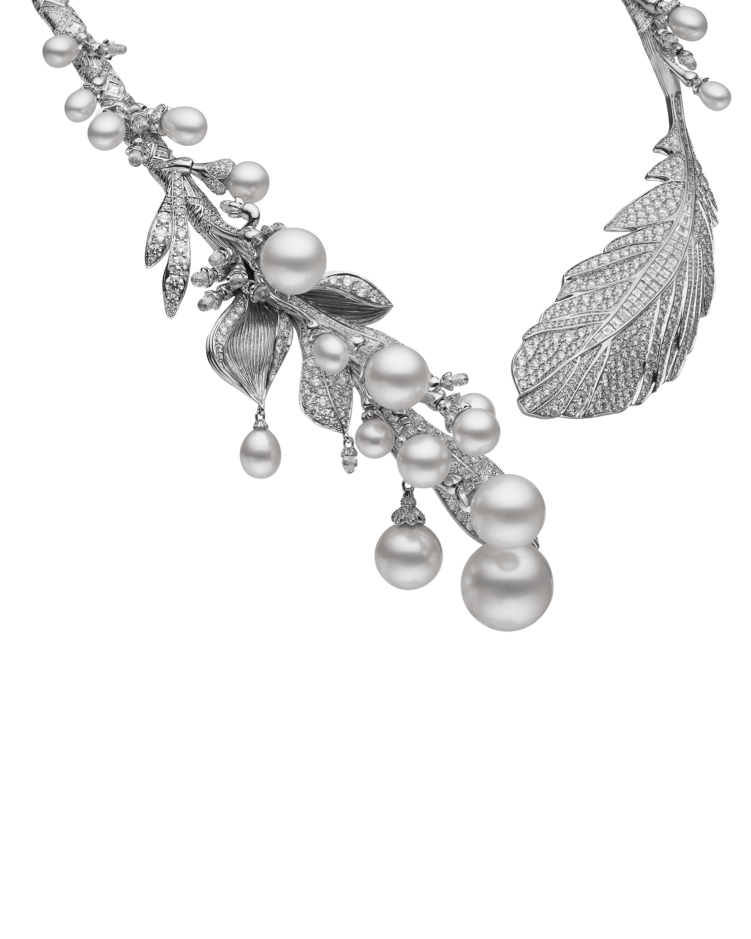Night Bird Feather Pearl Collier | 5-16mm Pearls, Diamonds, and White Gold 2