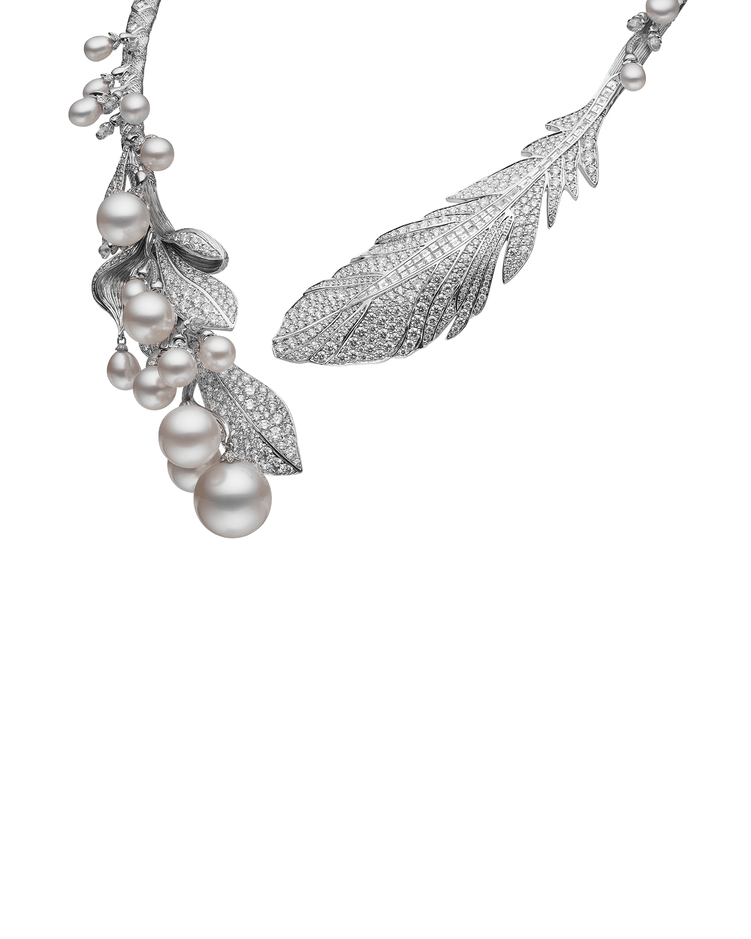 Night Bird Feather Pearl Collier | 5-16mm Pearls, Diamonds, and White Gold 4