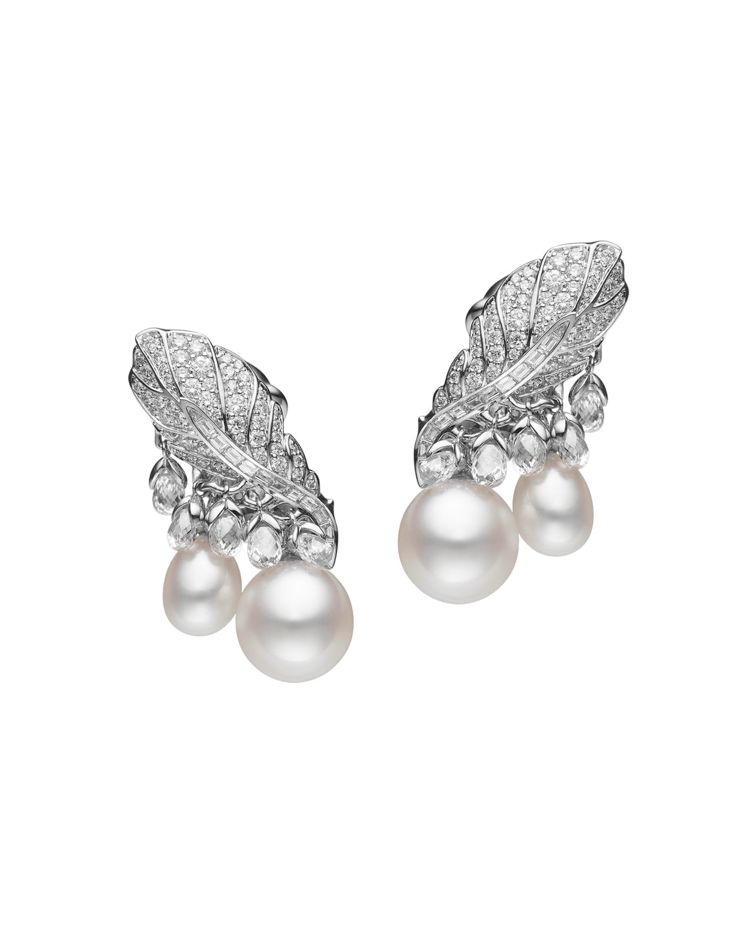 Night Bird Feather Pearl Earrings | 7-10mm Keshi Pearls, Diamonds, and White Gold 1