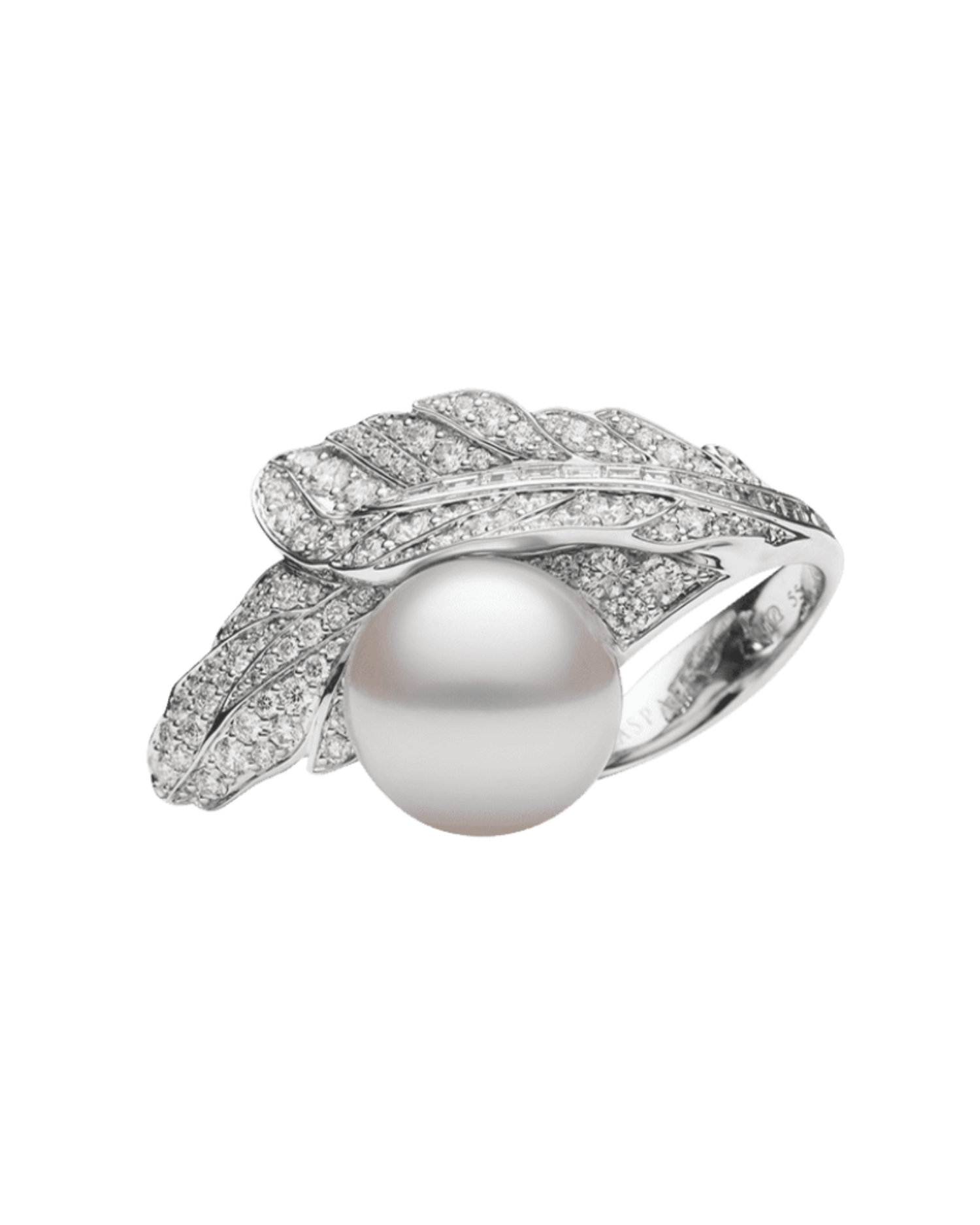 Night Bird Feather Pearl Ring | 15mm Round Pearls, Diamonds, and White Gold 1