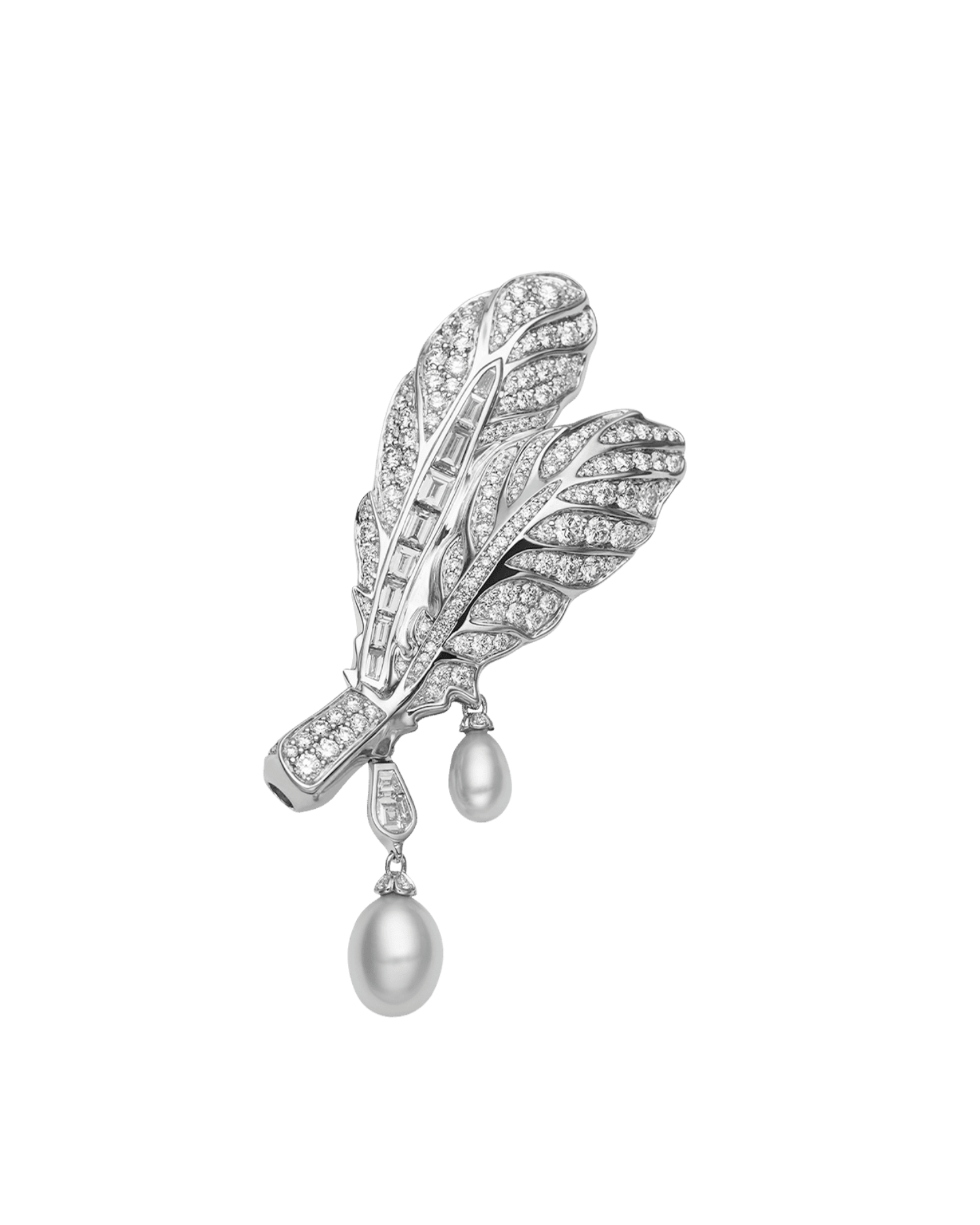 Night Bird Feather Pearl Brooch Clasp | 5-7mm Keshi Pearls, Diamonds, and White Gold 1
