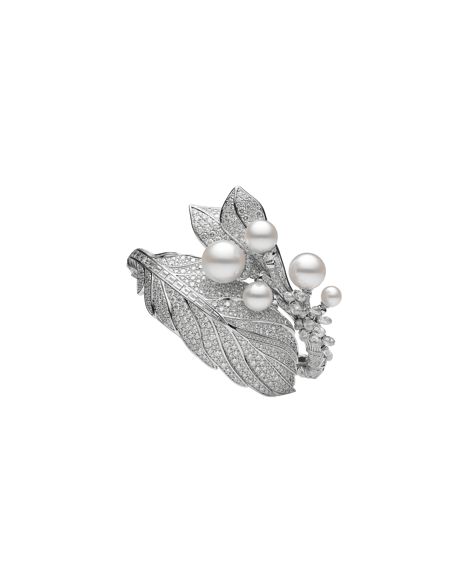 Night Bird Single Feather Cuff | Round Pearl, Diamond, and White Gold 3