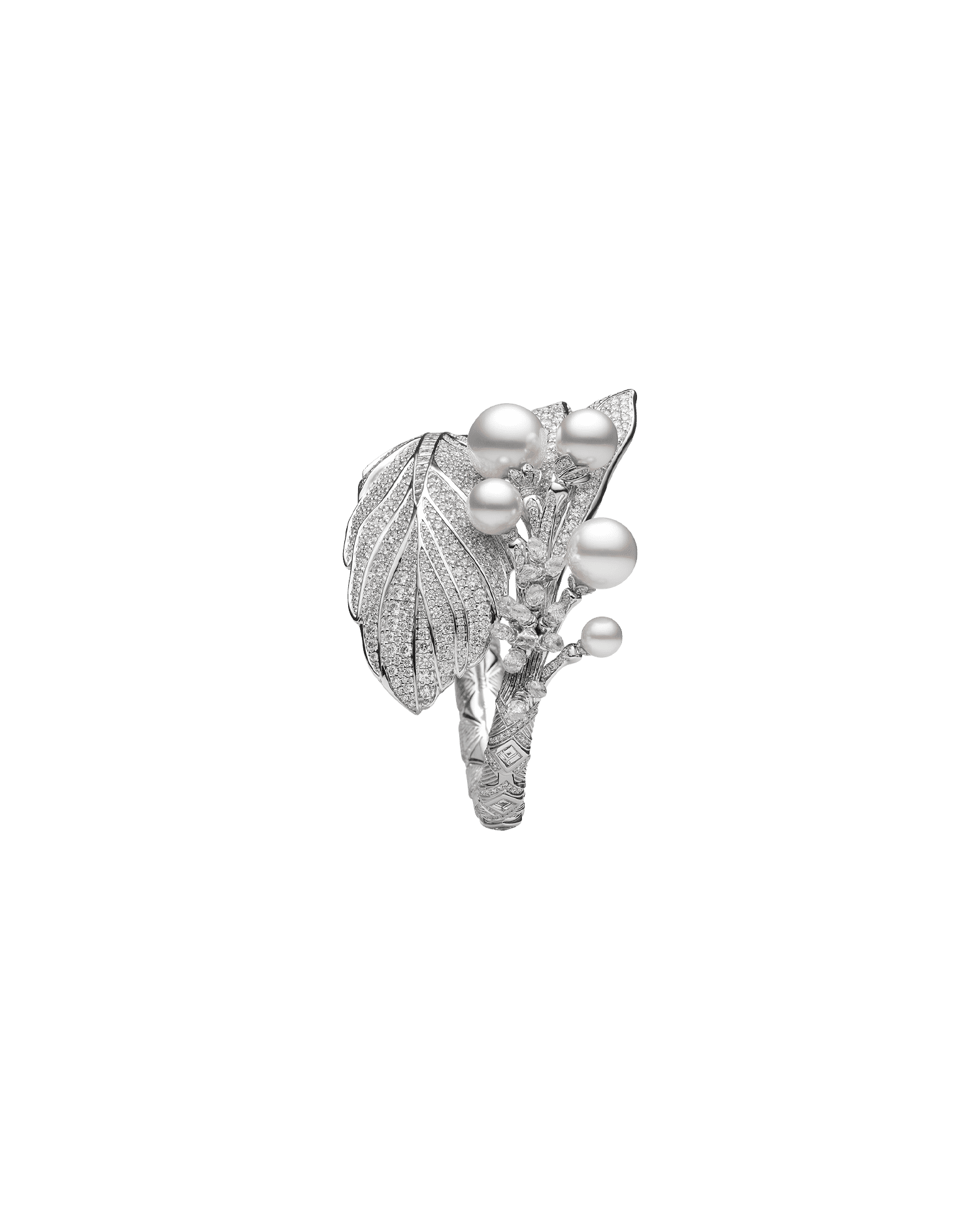 Night Bird Single Feather Cuff | Round Pearl, Diamond, and White Gold 4