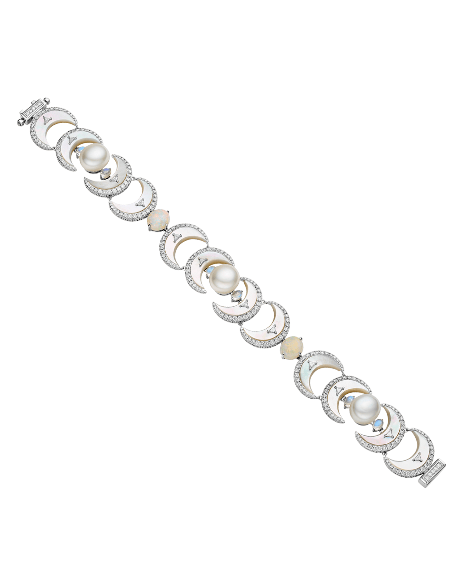 Crescent Moon Pearl Bracelet | 9mm Keshi Pearls, White Opals, and White Gold 1