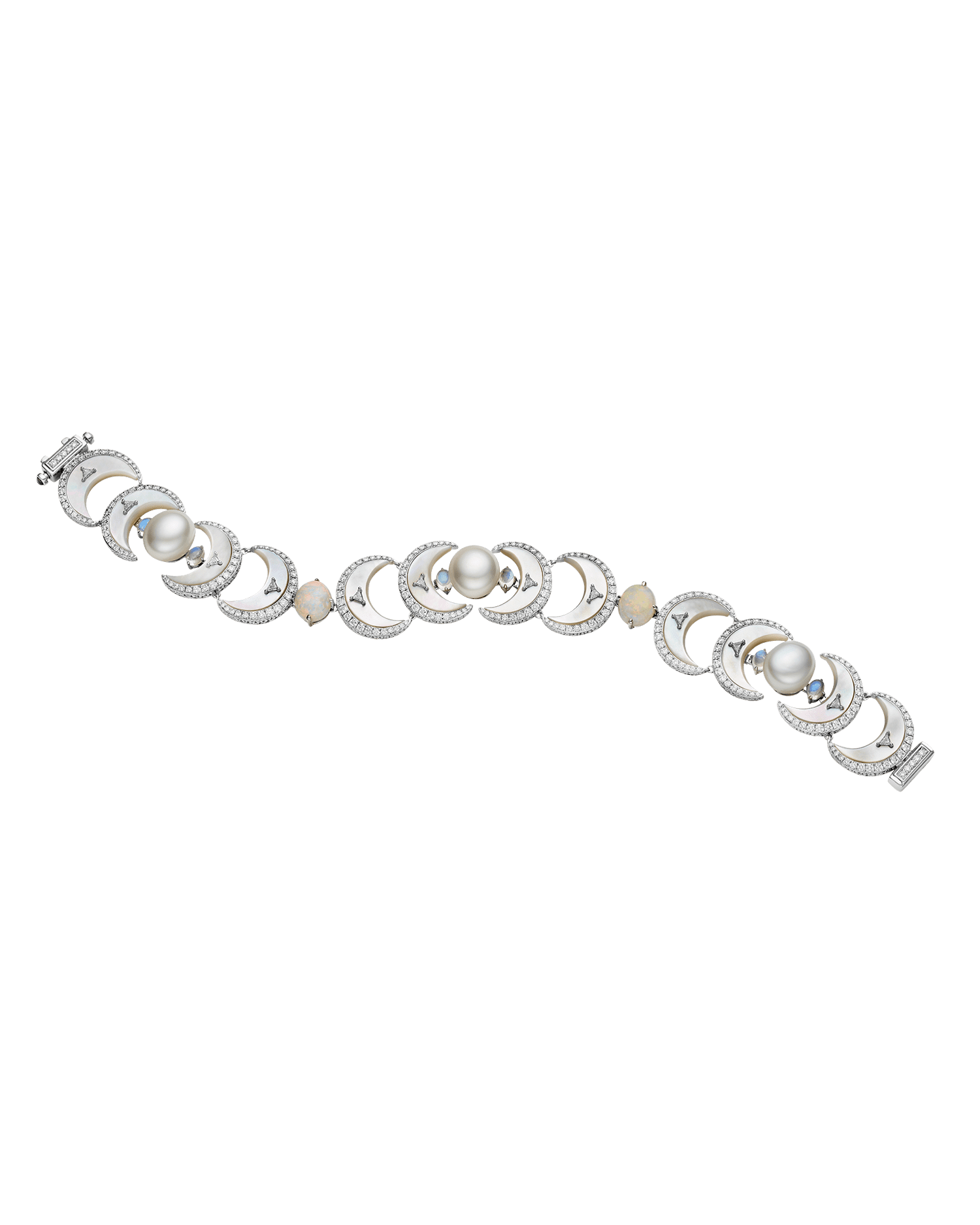 Crescent Moon Pearl Bracelet | 9mm Keshi Pearls, White Opals, and White Gold 3
