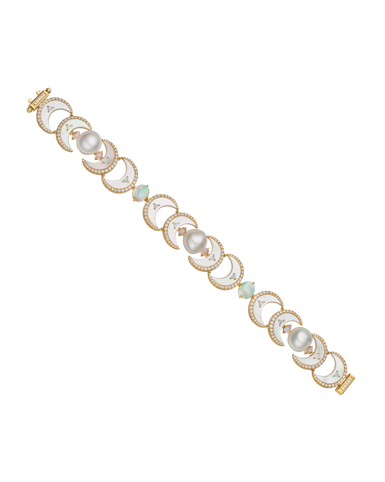 Paspaley Ocean, Crescent Moon Pearl Bracelet, 9mm Keshi Pearls, White Opals, and Yellow Gold