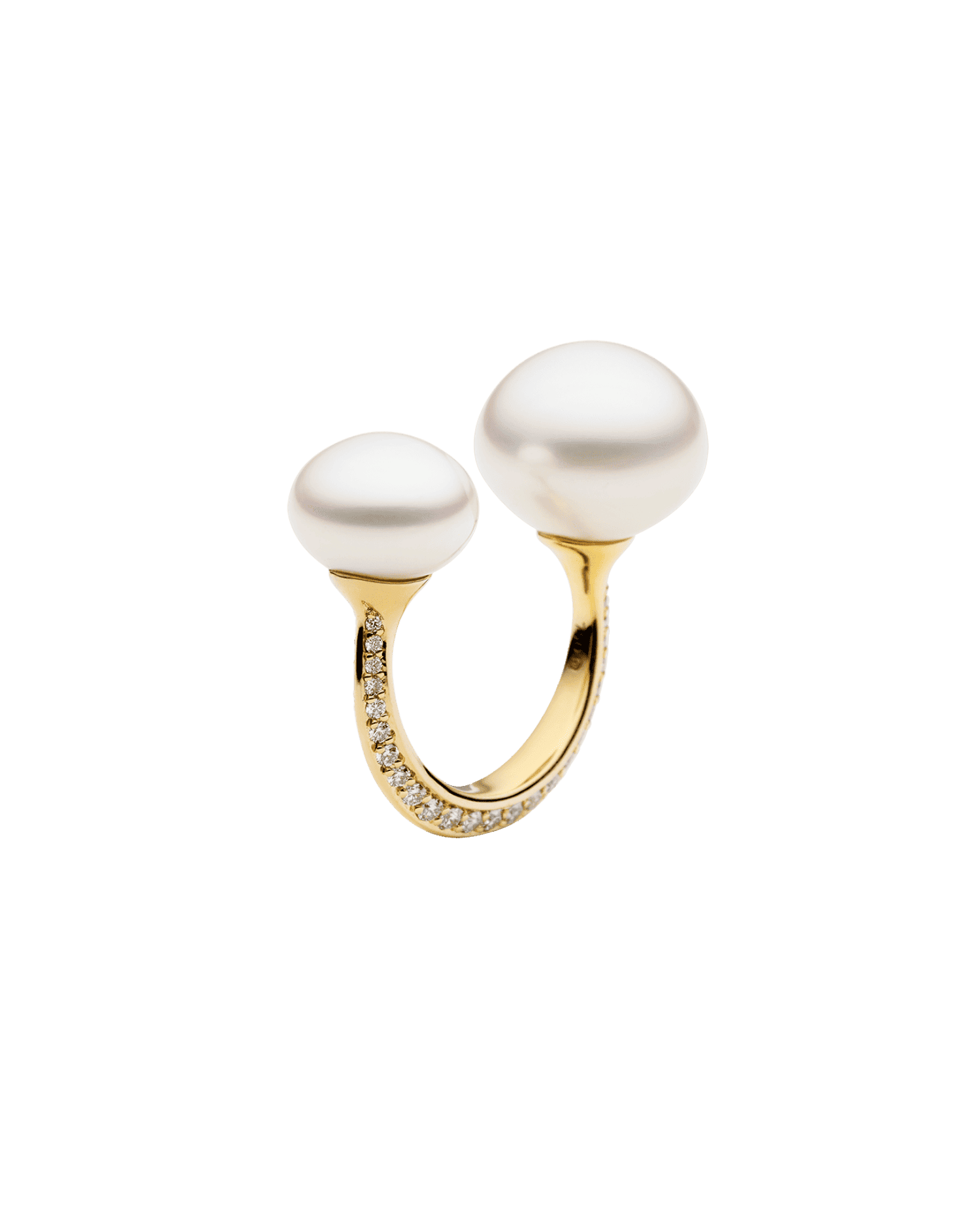 Diamond Double Pearl Split Ring | 11-13mm Button Pearls, Diamond, and Yellow Gold