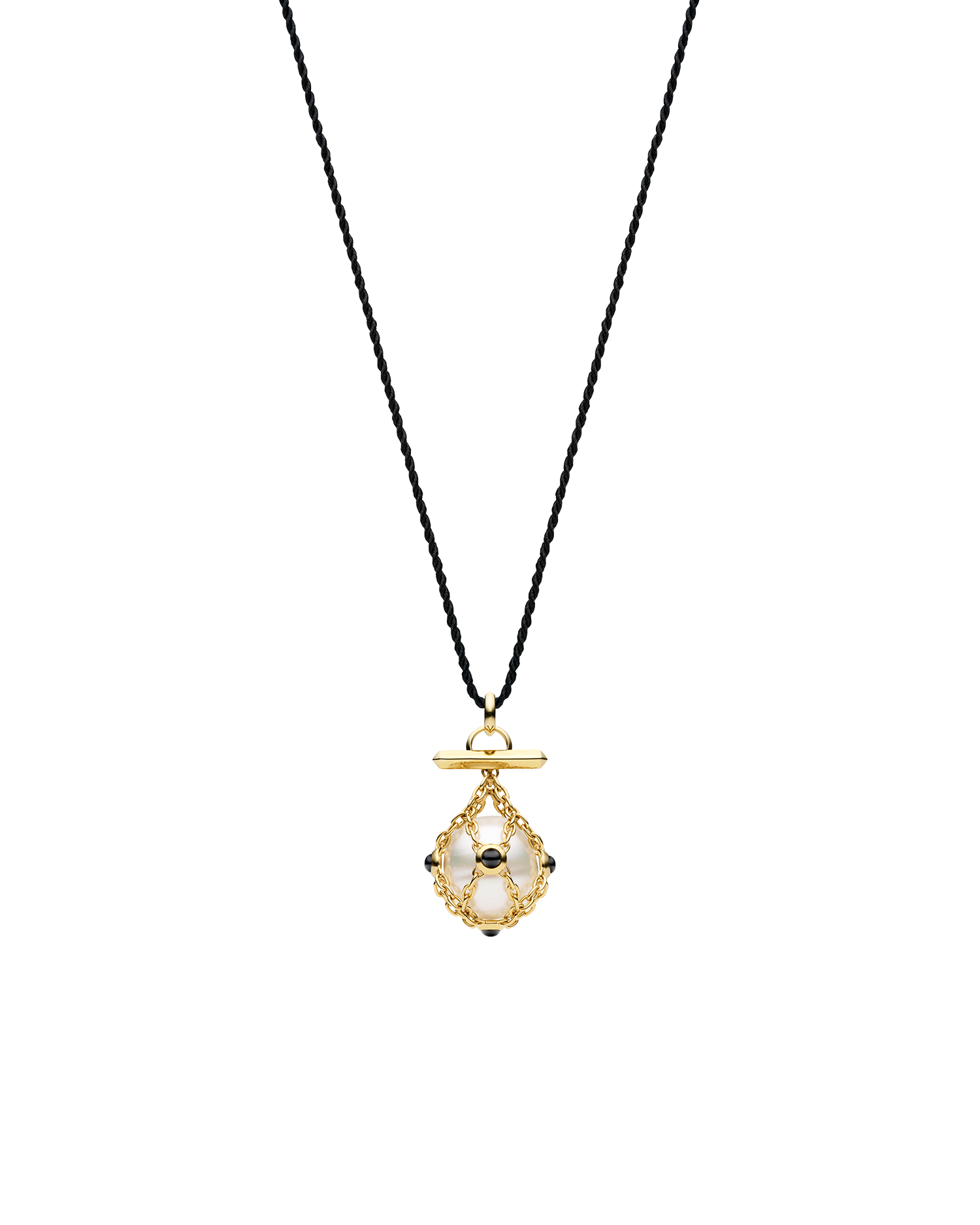 Diver Lavalier Silk Rope Necklace | 14mm Circle Pearl, Black Spinel, and Yellow Gold