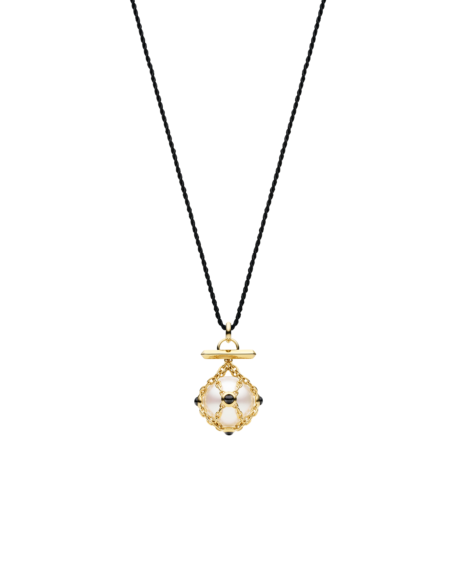 Diver Lavalier Silk Rope Necklace | 14mm Round Pearl, Black Spinel, and Yellow Gold