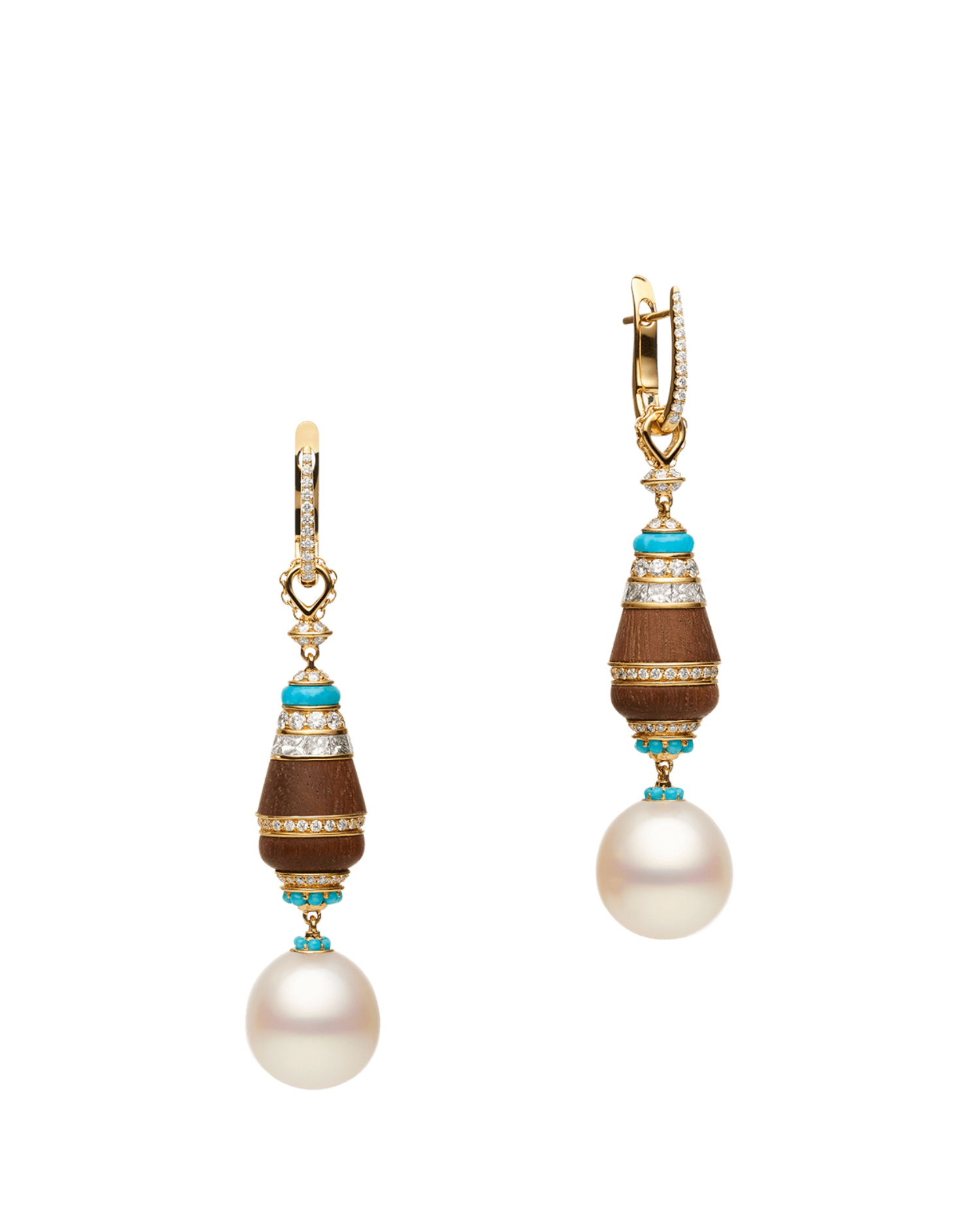 Lugger Wood Pearl Earrings | 12mm Drop Pearl, Turquoise, and Yellow Gold 1