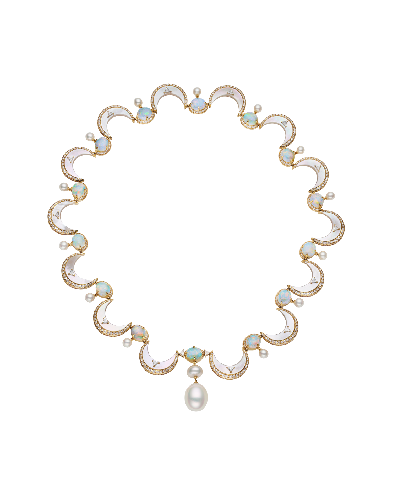 Crescent Moon Pearl Collier, 3-12mm Pearls, White Opals, and Yellow Gold 1