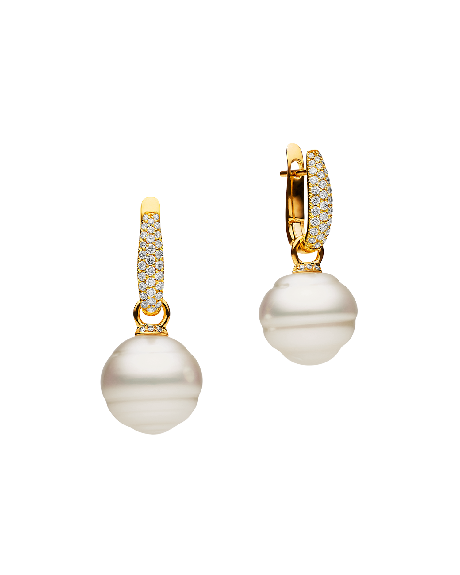 Pavé Diamond Pearls My Way Earrings | 14mm Circle Pearls, Diamonds, and Yellow Gold