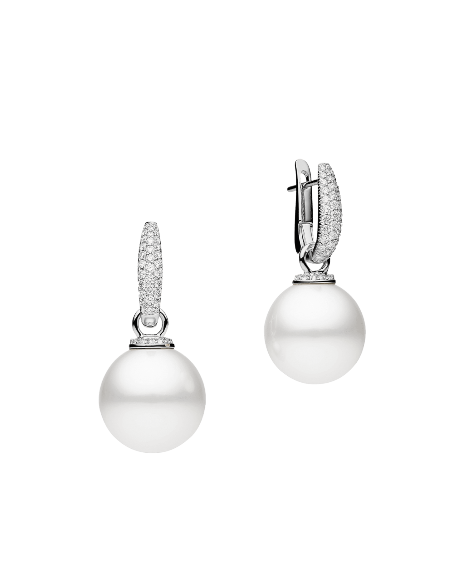 Pave Diamond Pearls My Way Earrings | 14mm Round Pearls, Diamonds and White Gold 1