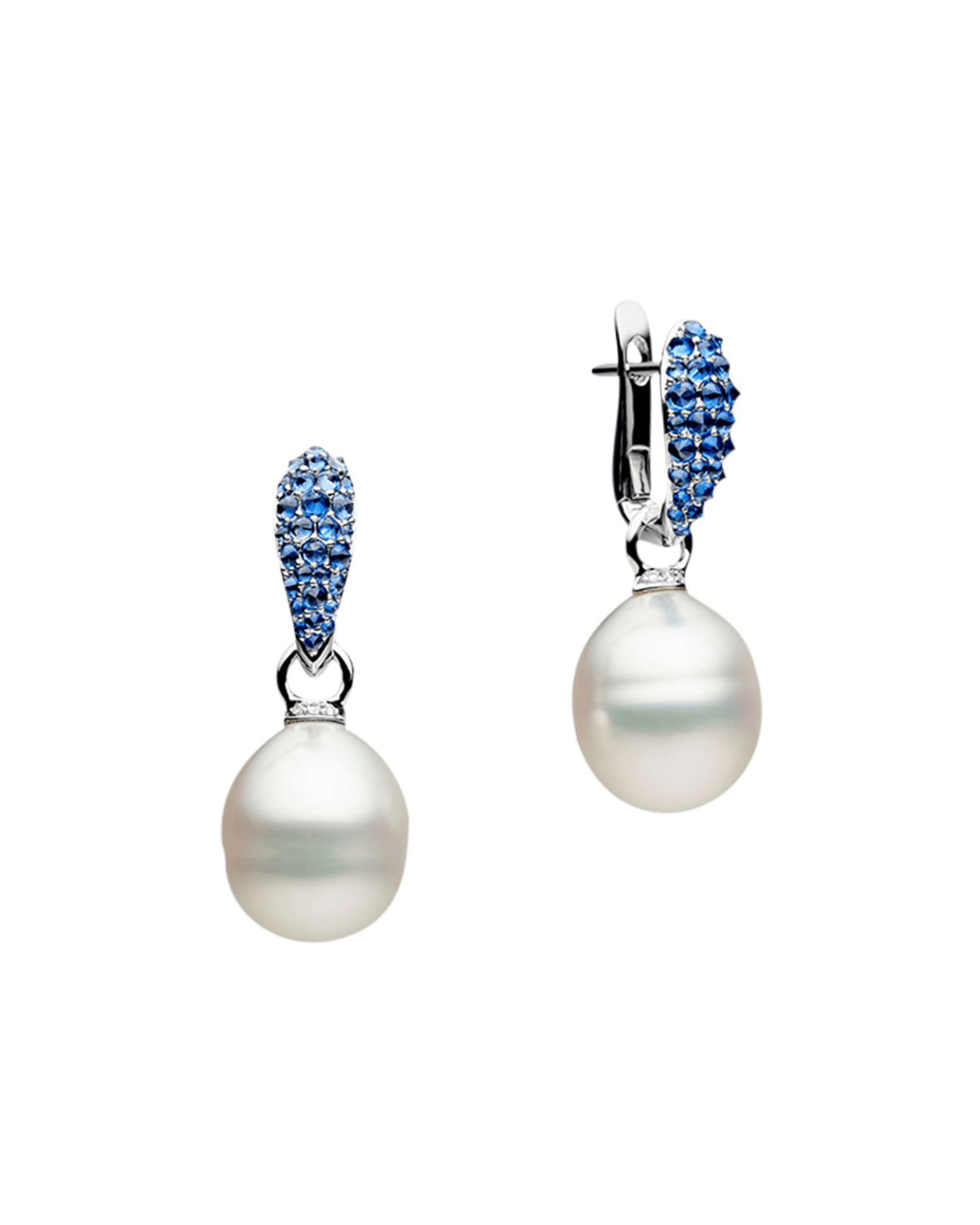 Blue Sapphire Touchstone Pearls My Way Earrings | 12mm Circle Pearls, Blue Sapphires, and White Gold 1