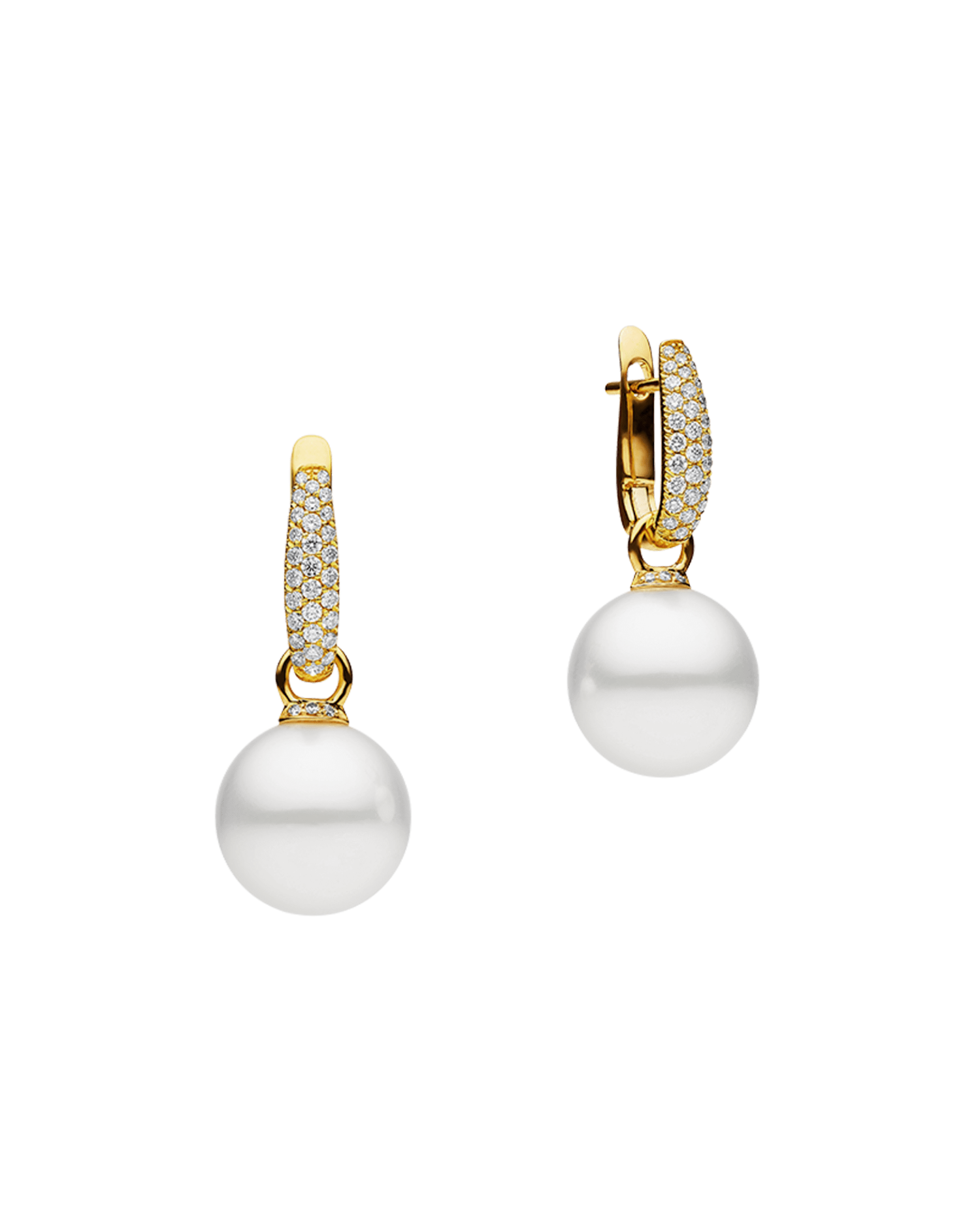 Pave Diamond Pearls My Way Earrings | 12mm Round Pearls, Diamonds, and Yellow Gold 1