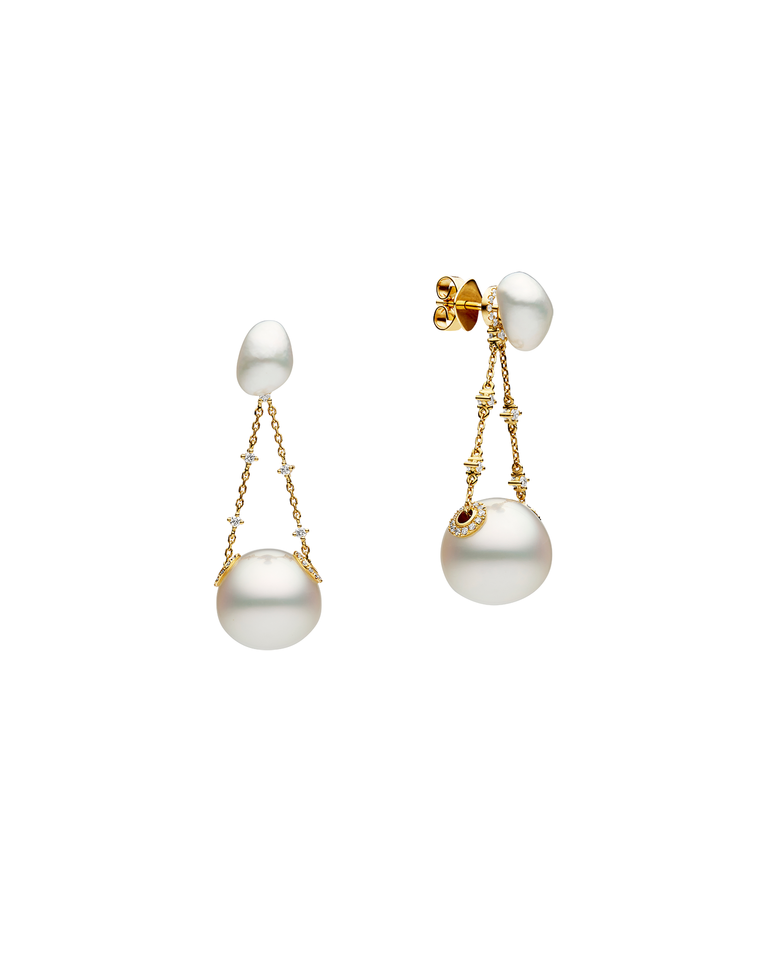 Petra Stud Earrings | 8-12mm Pearls, Diamond, and Yellow Gold