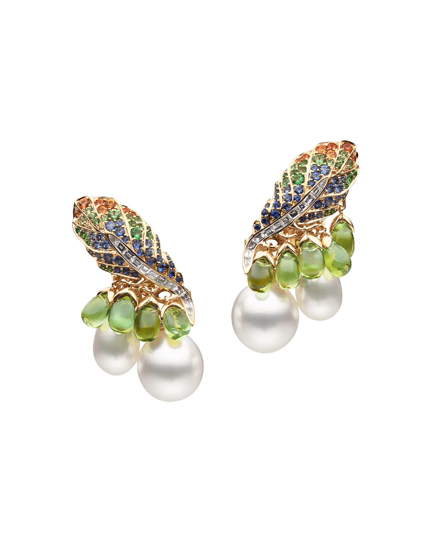 Rain Bird Feather Pearl Earrings | 7-10mm Keshi Pearls, Gemstones, and Yellow Gold 1