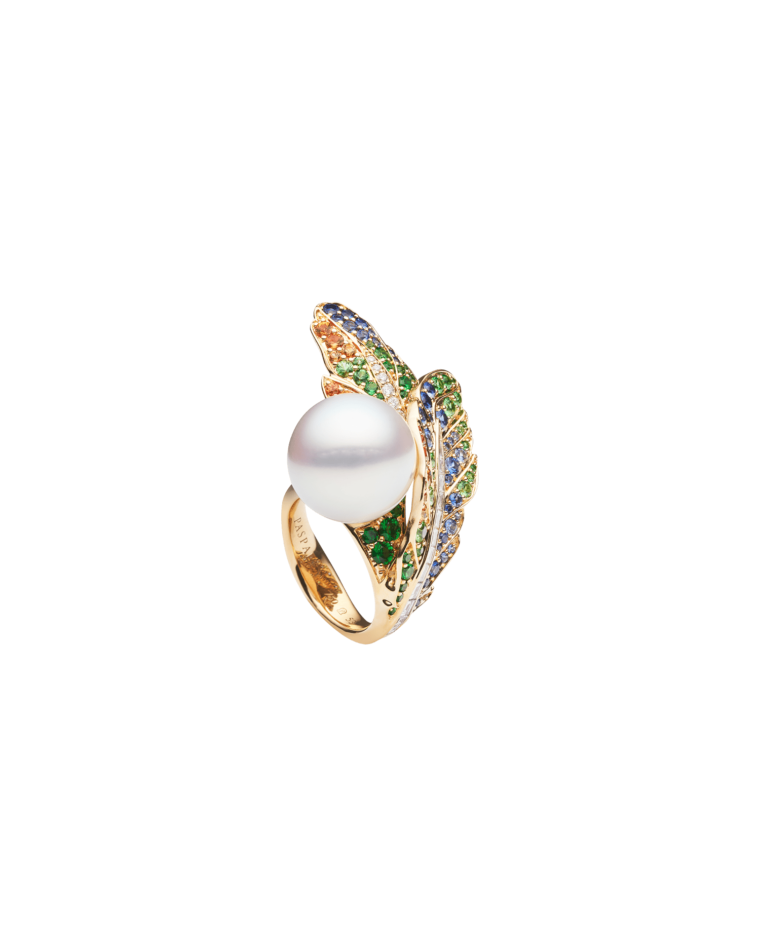 Rain Bird Feather Pearl Ring | 15mm Round Pearl, Gemstones, and Yellow Gold 5
