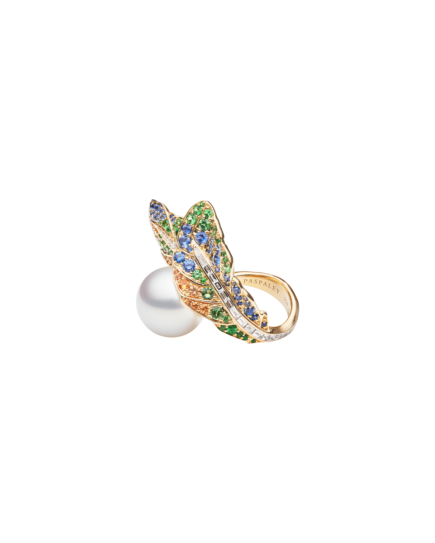 Rain Bird Feather Pearl Ring | 15mm Round Pearl, Gemstones, and Yellow Gold 2