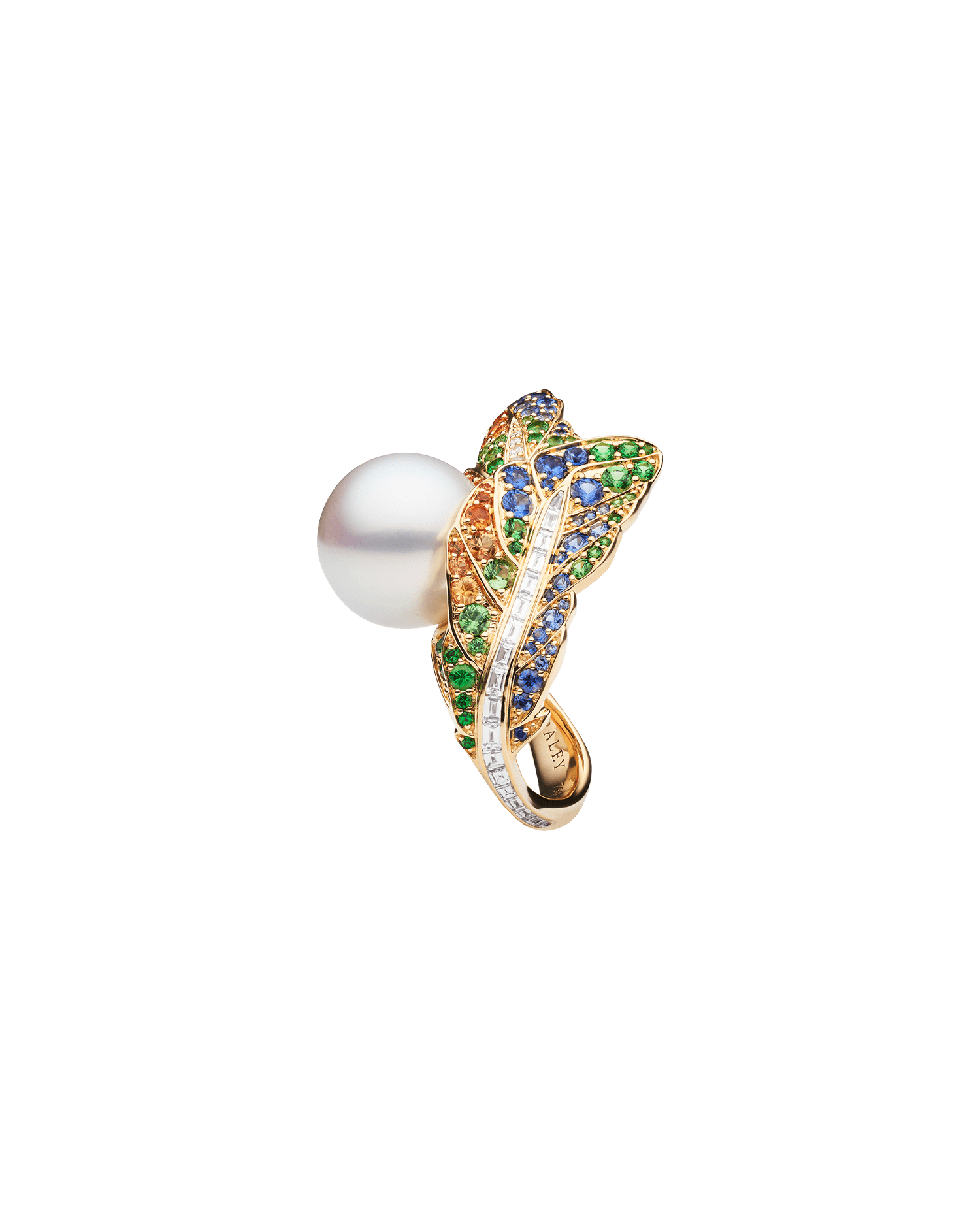 Rain Bird Feather Pearl Ring | 15mm Round Pearl, Gemstones, and Yellow Gold 3
