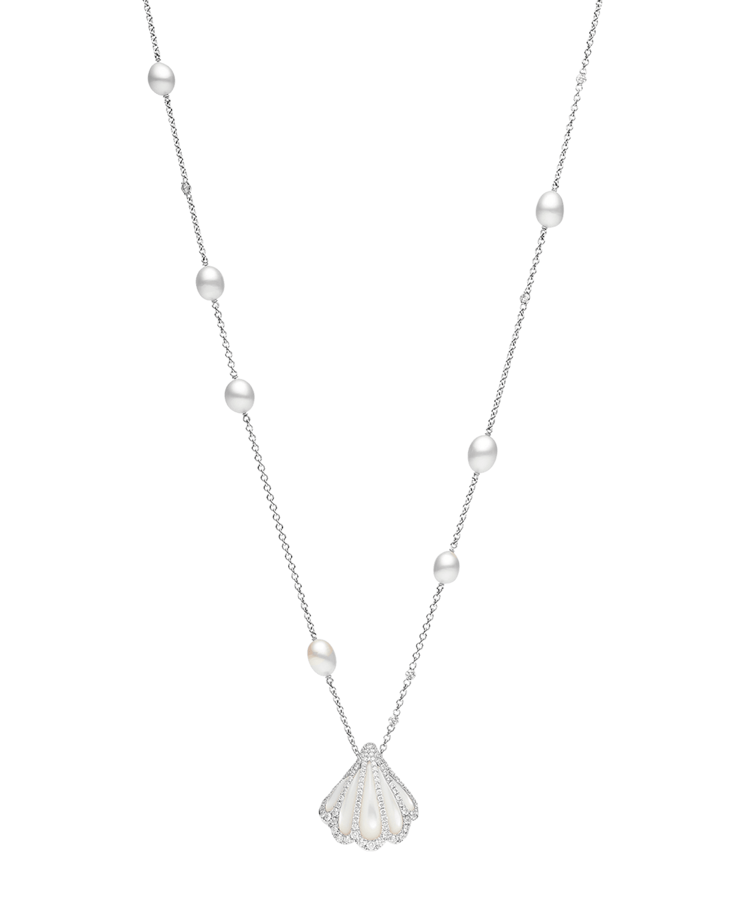 Keshi Pearl Long Chain Necklace | 5mm Keshi Pearls, Diamonds, and White Gold 3