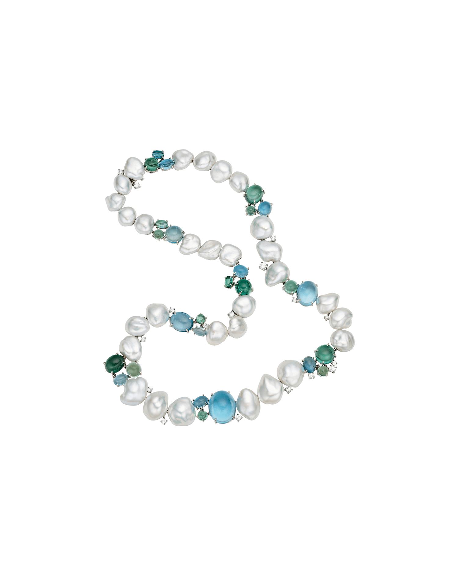 Rockpool Pebble Pearl Necklace |4-9mm Keshi Pearls, Aquamarines, and Platinum 3