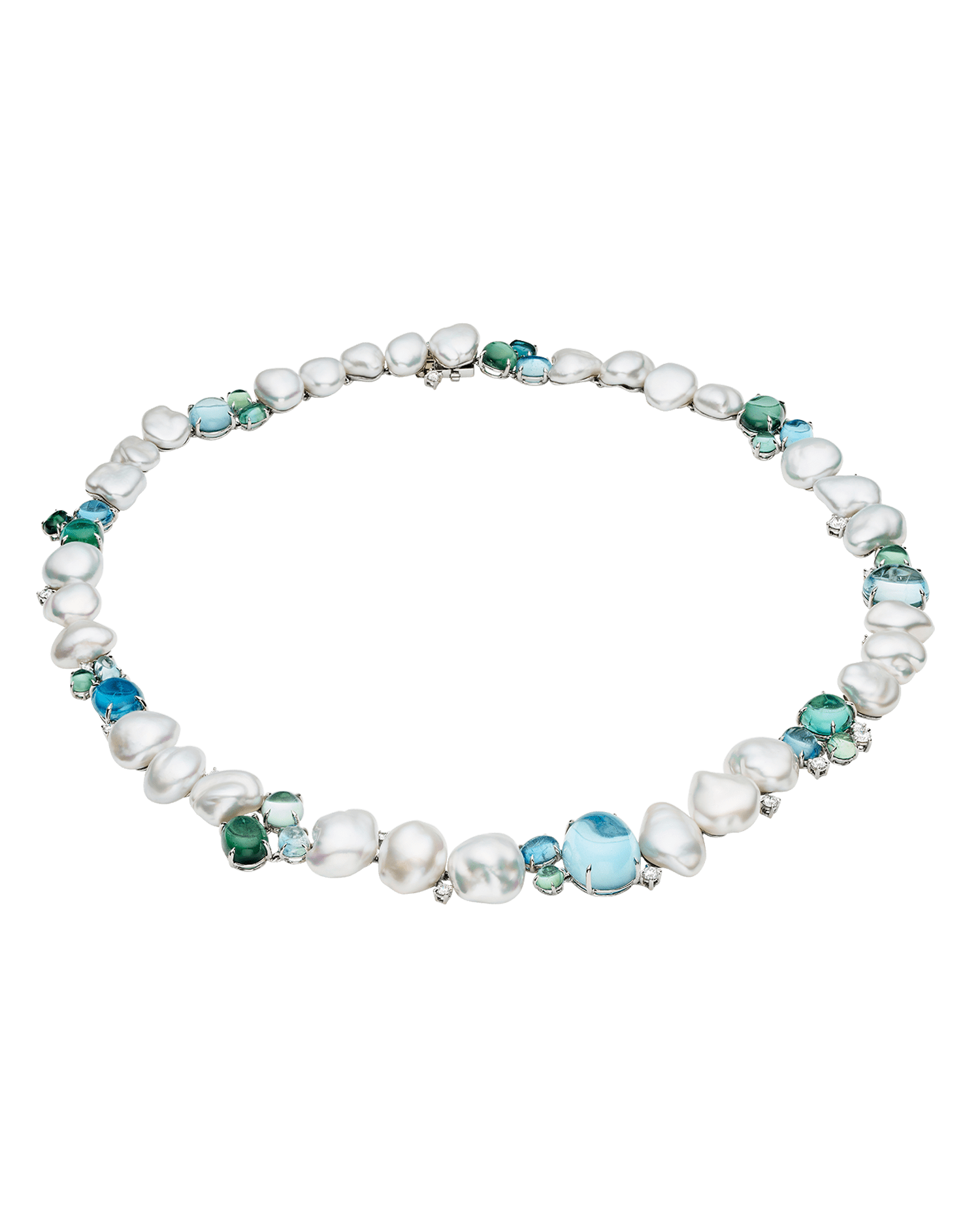 Rockpool Pebble Pearl Necklace |4-9mm Keshi Pearls, Aquamarines, and Platinum 2