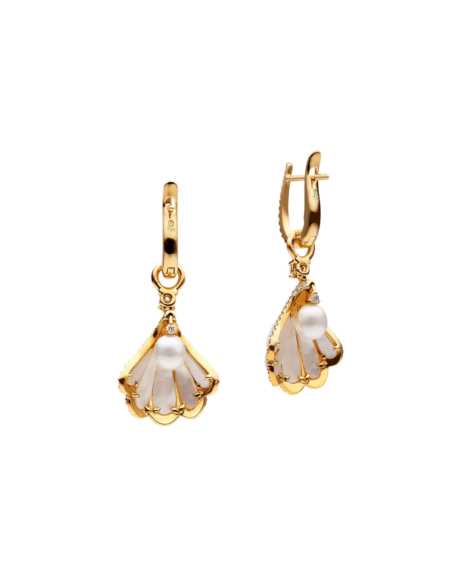 Clam Shell Earrings | 5mm Keshi Pearl, Diamonds, and Yellow Gold 2