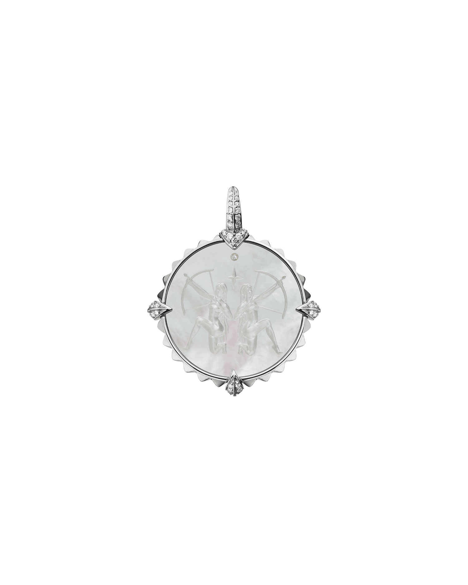 Sagittarius Coin Charm | Mother of Pearl, Diamonds, and White Gold 1