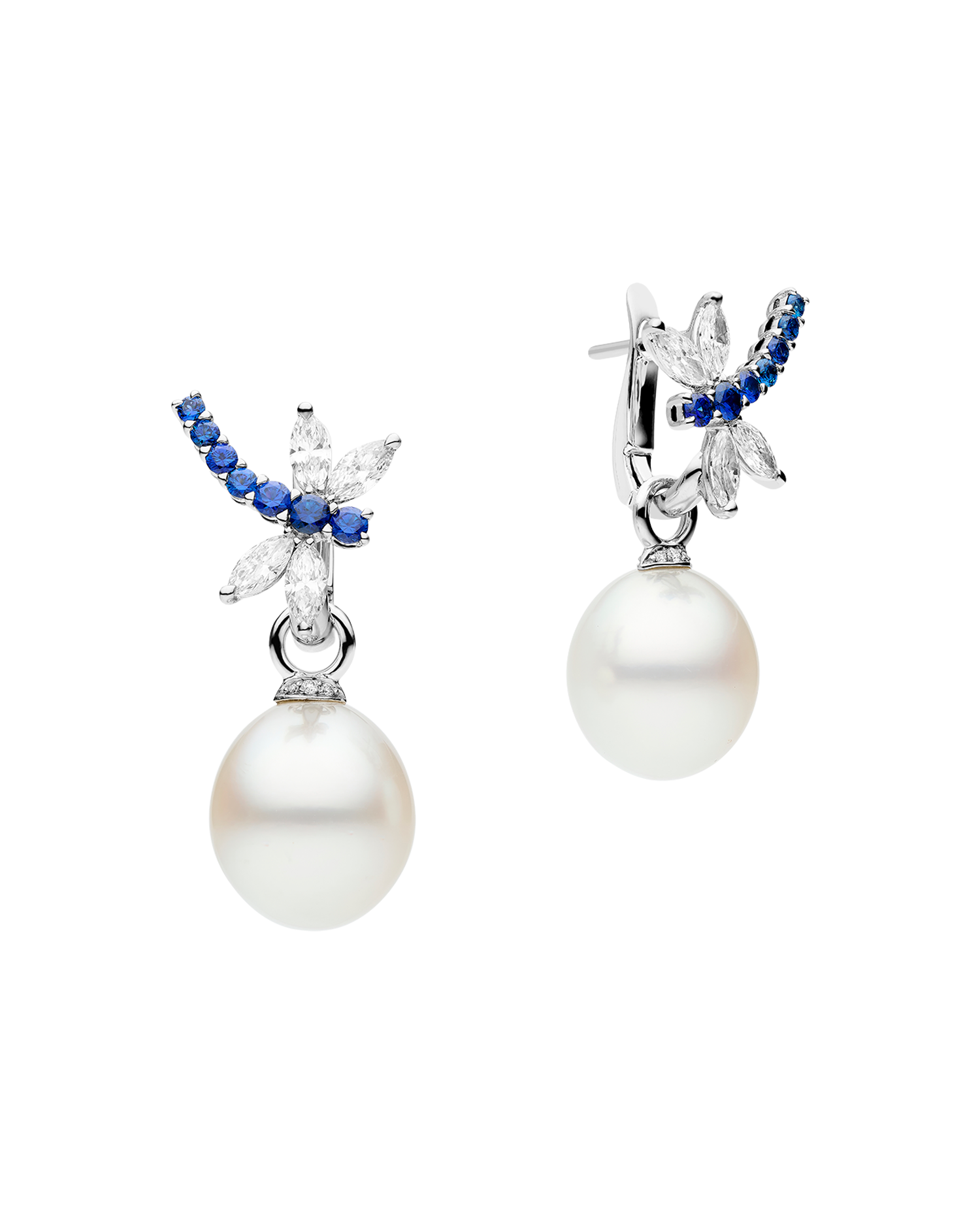 Sapphire Dragonfly Pearls My Way Earrings | 12mm Oval Pearls, Blue Sapphire, and White Gold