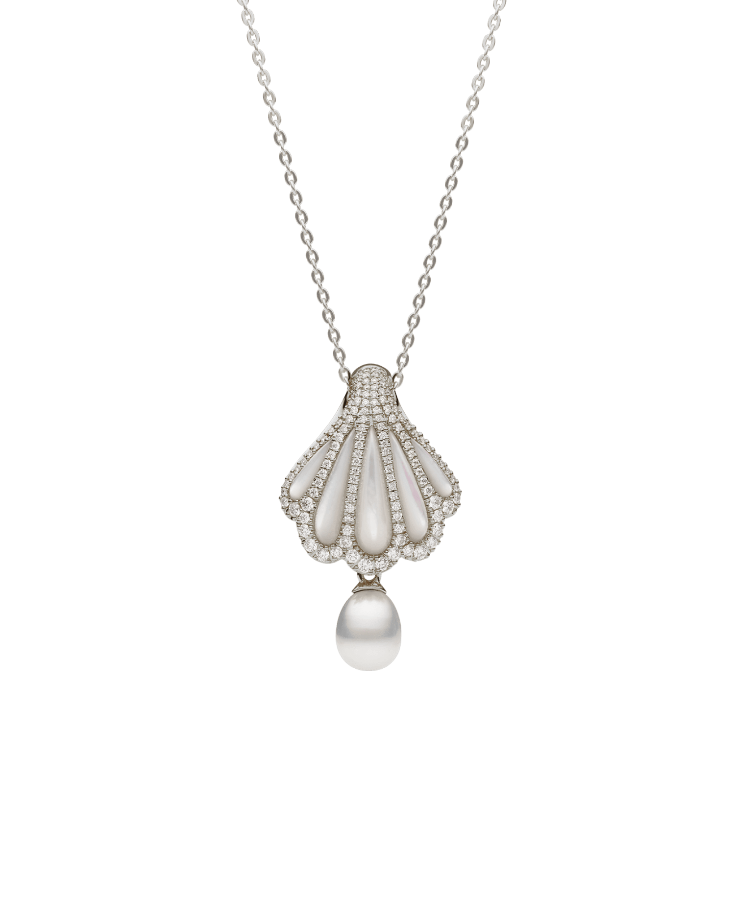 Clam Shell Diamond Pearl Pendant | Mother of Pearl, 6mm Keshi Pearl, Diamonds, and White Gold