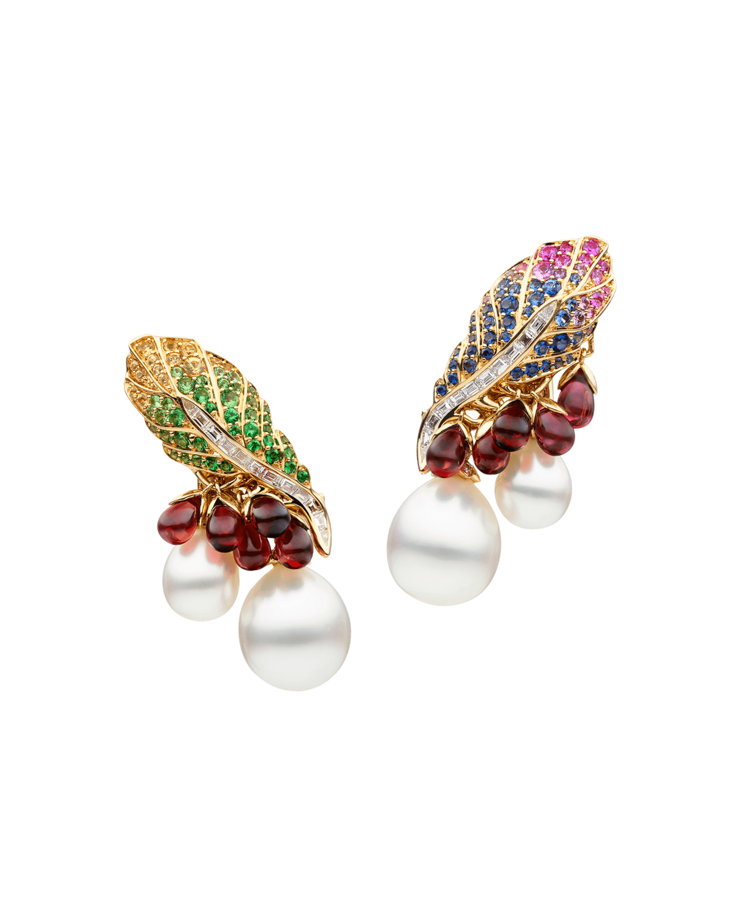 Song Bird Feather Pearl Earrings | 7-10mm Keshi Pearls, Gemstones, and Yellow Gold 1