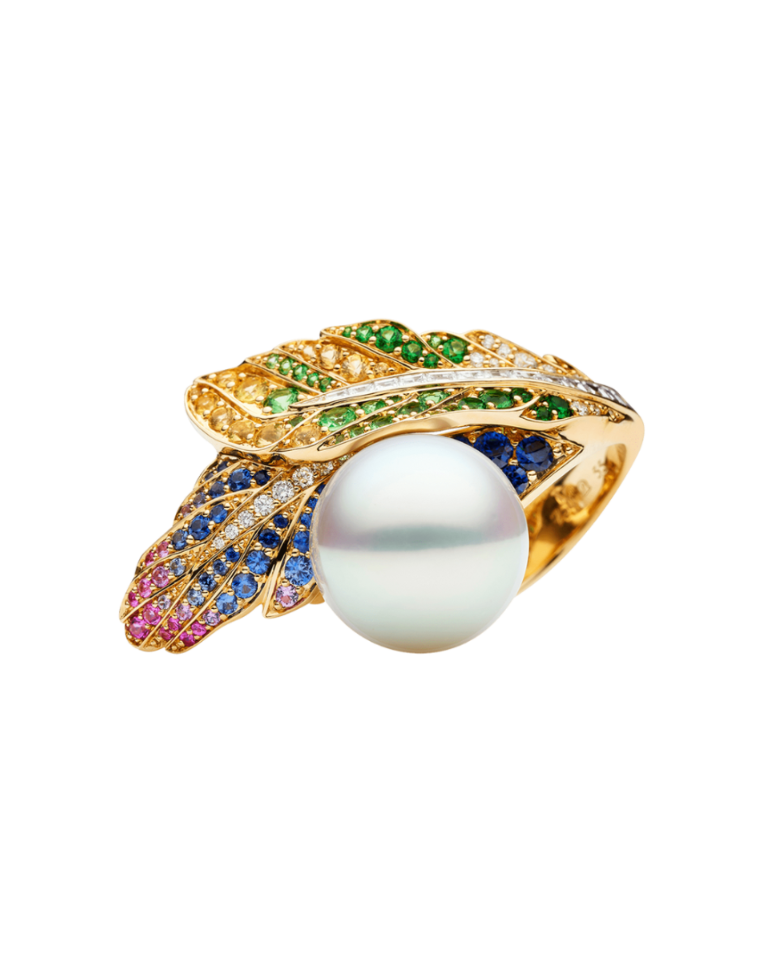 Song Bird Feather Pearl Ring | 15mm Round Pearl, Gemstones, and Yellow Gold 1