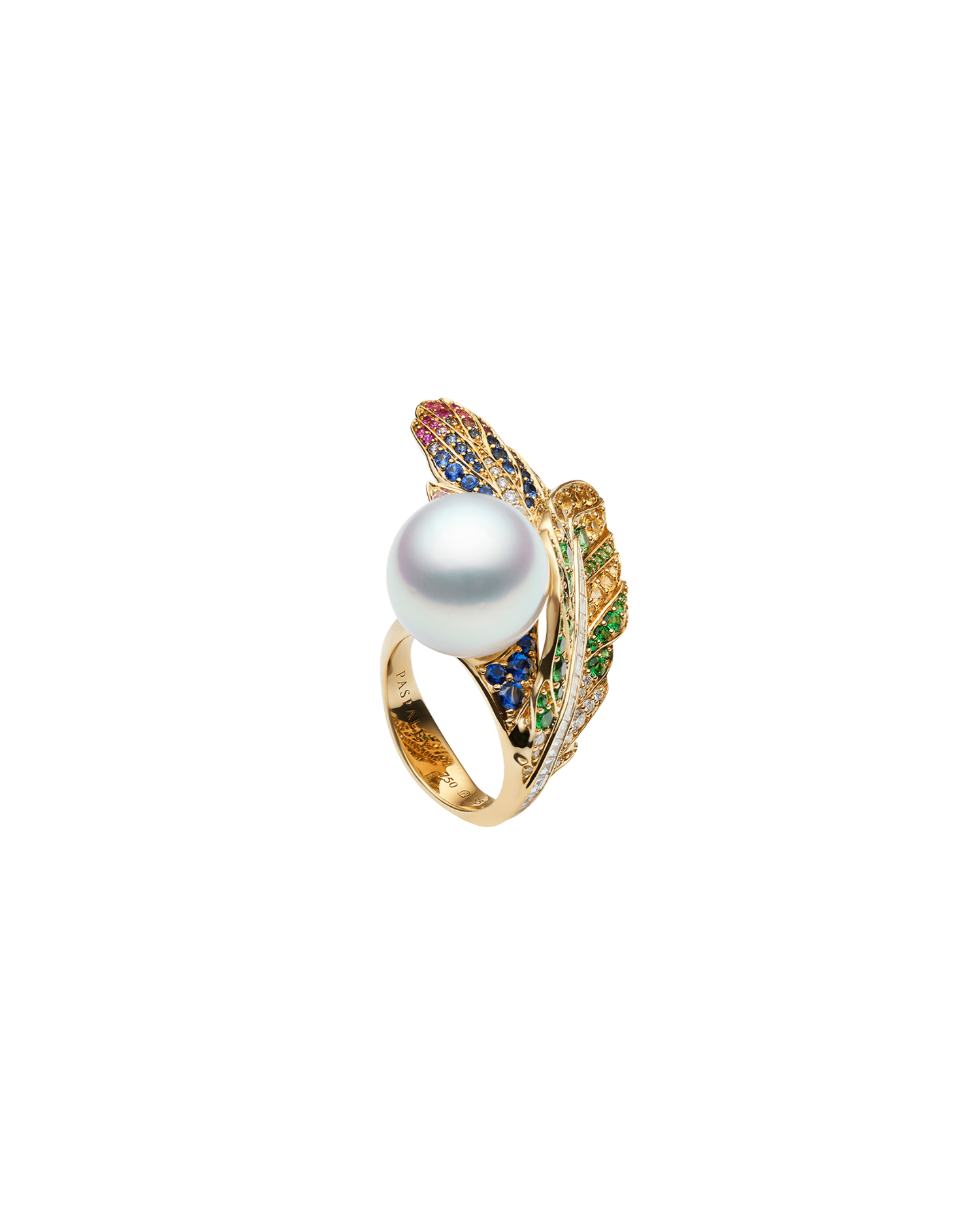 Song Bird Feather Pearl Ring | 15mm Round Pearl, Gemstones, and Yellow Gold 5