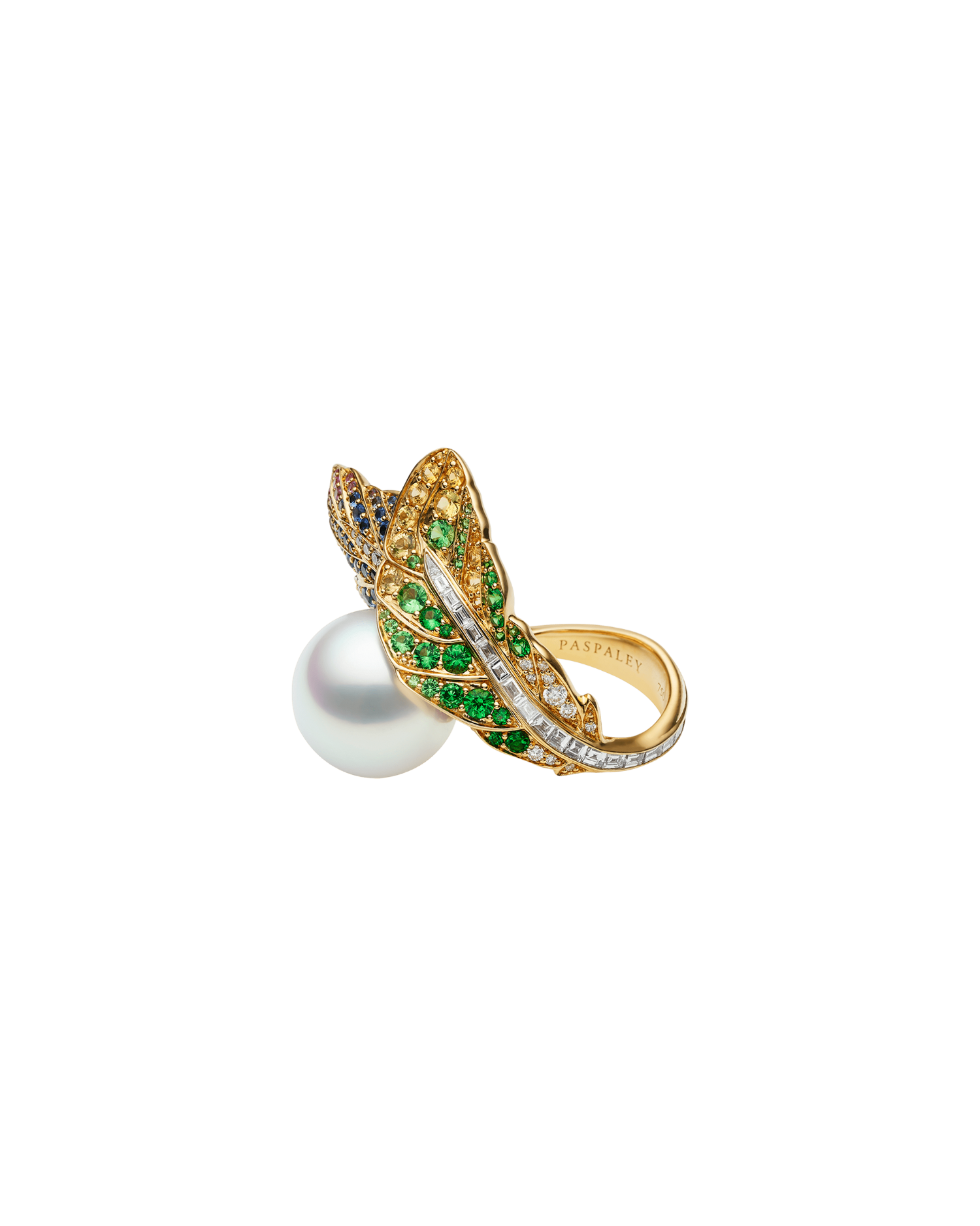 Song Bird Feather Pearl Ring | 15mm Round Pearl, Gemstones, and Yellow Gold 2