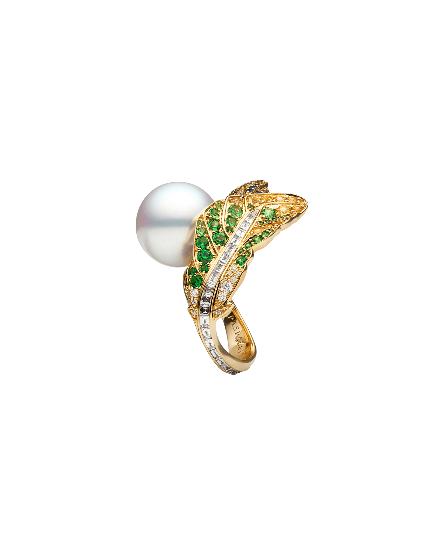 Song Bird Feather Pearl Ring | 15mm Round Pearl, Gemstones, and Yellow Gold 3