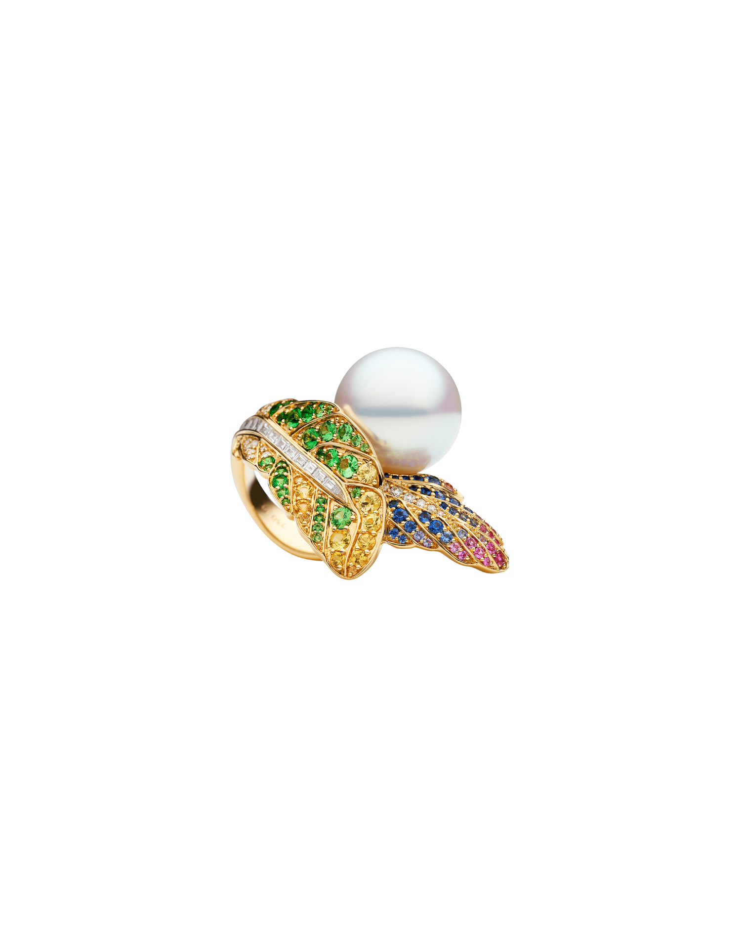 Song Bird Feather Pearl Ring | 15mm Round Pearl, Gemstones, and Yellow Gold 4