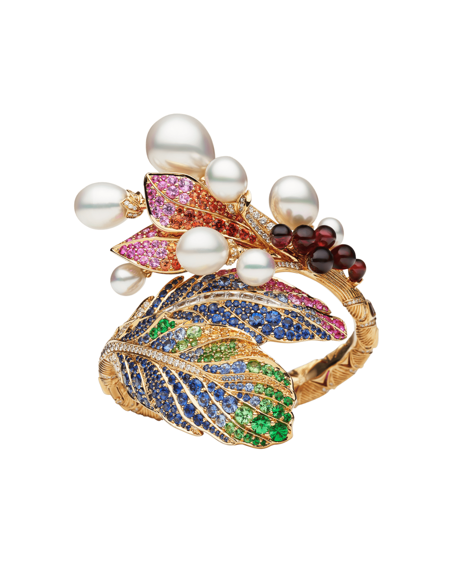 Song Bird Double Feather Cuff | Drop Pearls, Gemstones, and Yellow Gold 1