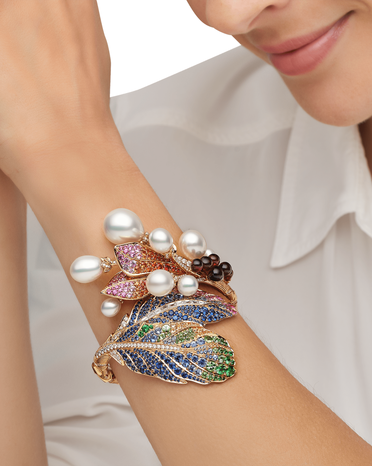 Song Bird Double Feather Cuff | Drop Pearls, Gemstones, and Yellow Gold 3