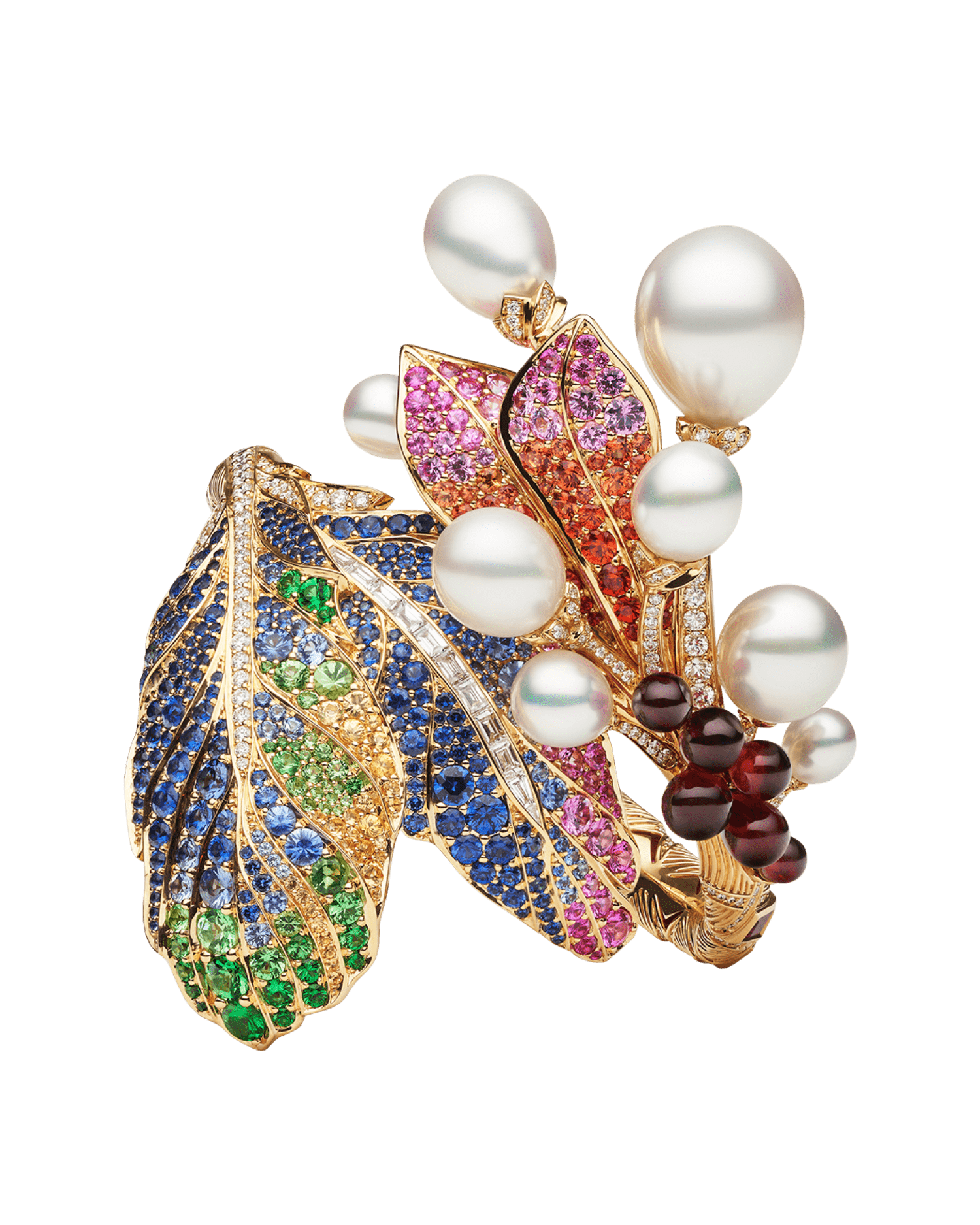 Song Bird Double Feather Cuff | Drop Pearls, Gemstones, and Yellow Gold 2
