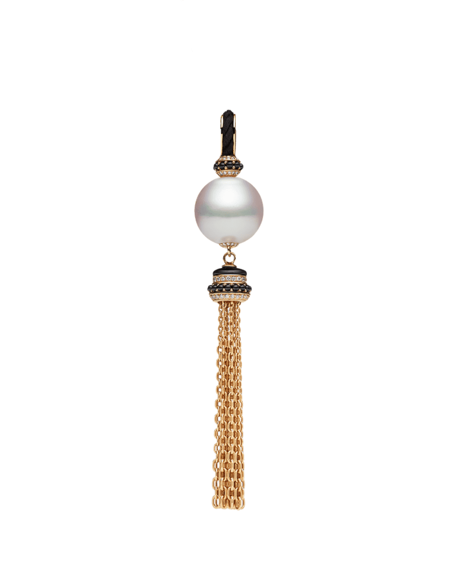 Tassel Pearl Pendant | 14mm Semi-Round Pearl, Black Spinel, and Yellow Gold