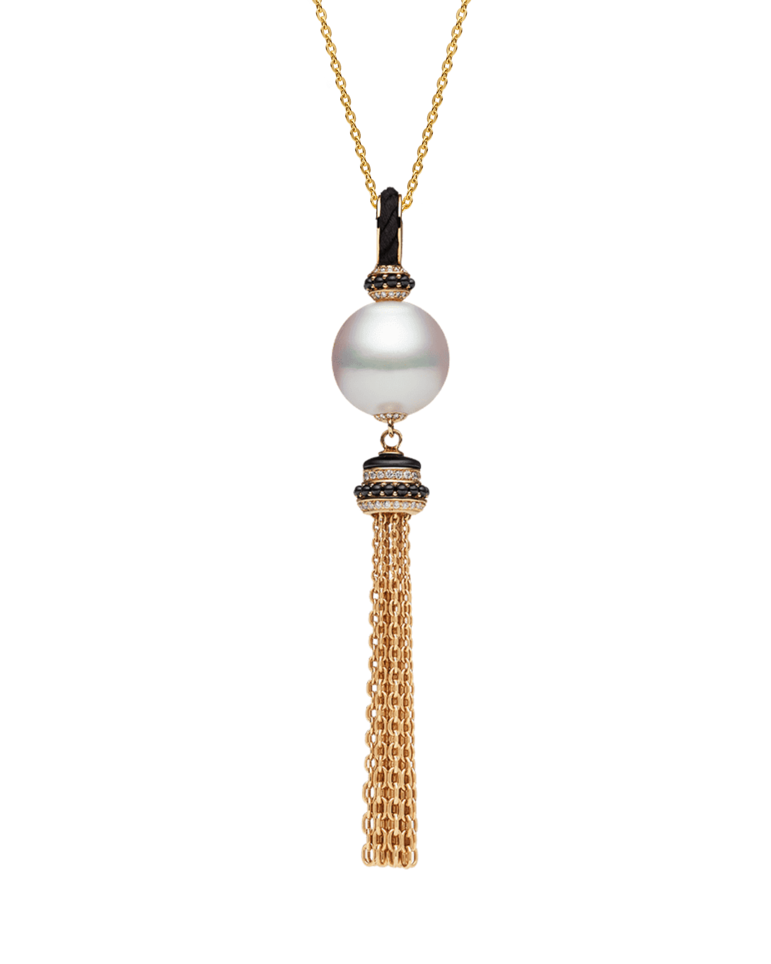 Tassel Pearl Pendant | 14mm Semi-Round Pearl, Black Spinel, and Yellow Gold
